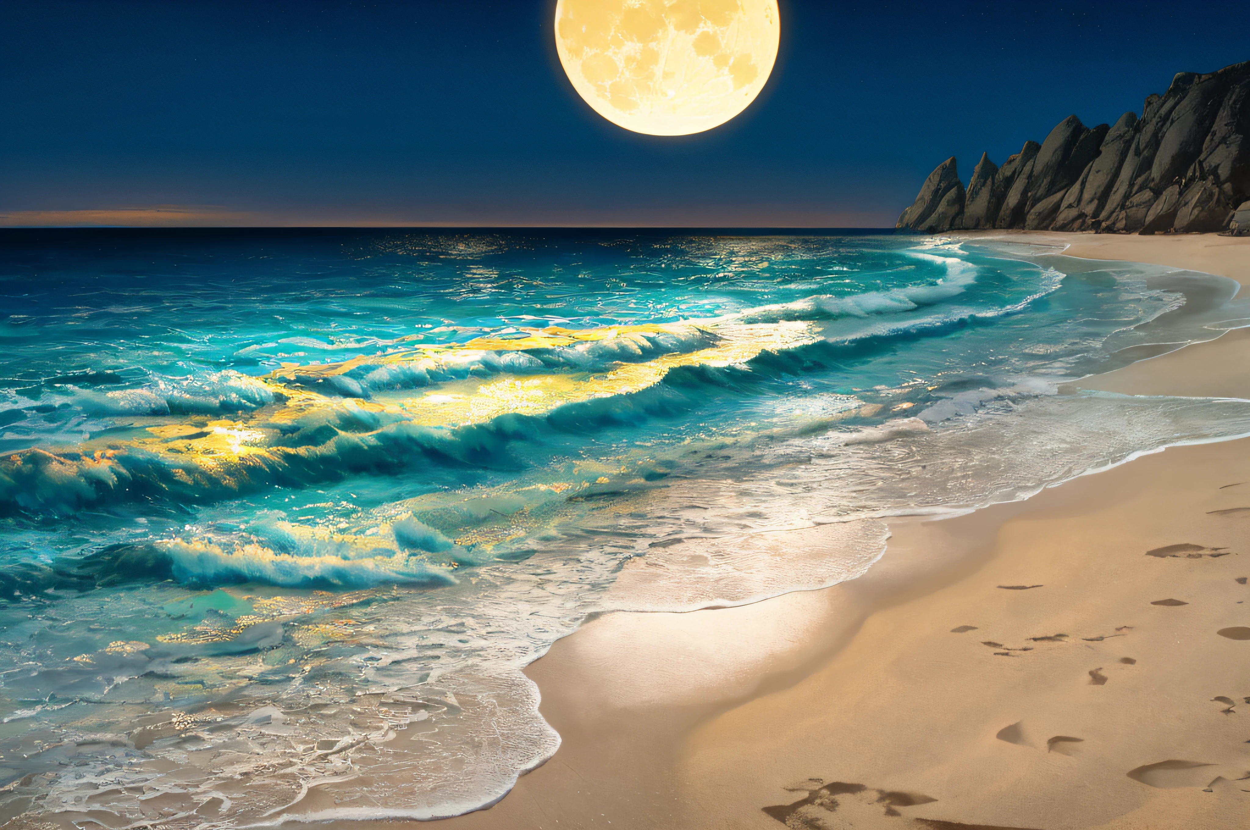 Full moon rising from the horizon、the beach、Mare,boulders,golden sand,Bright moon,Pitch black night sky,