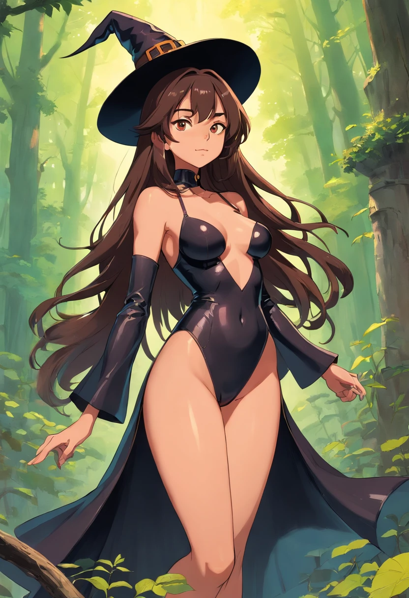 A brown witch. Cuissarde en latex noir. Minijupe en latex noir. poitrine moyenne. topless. Dominante