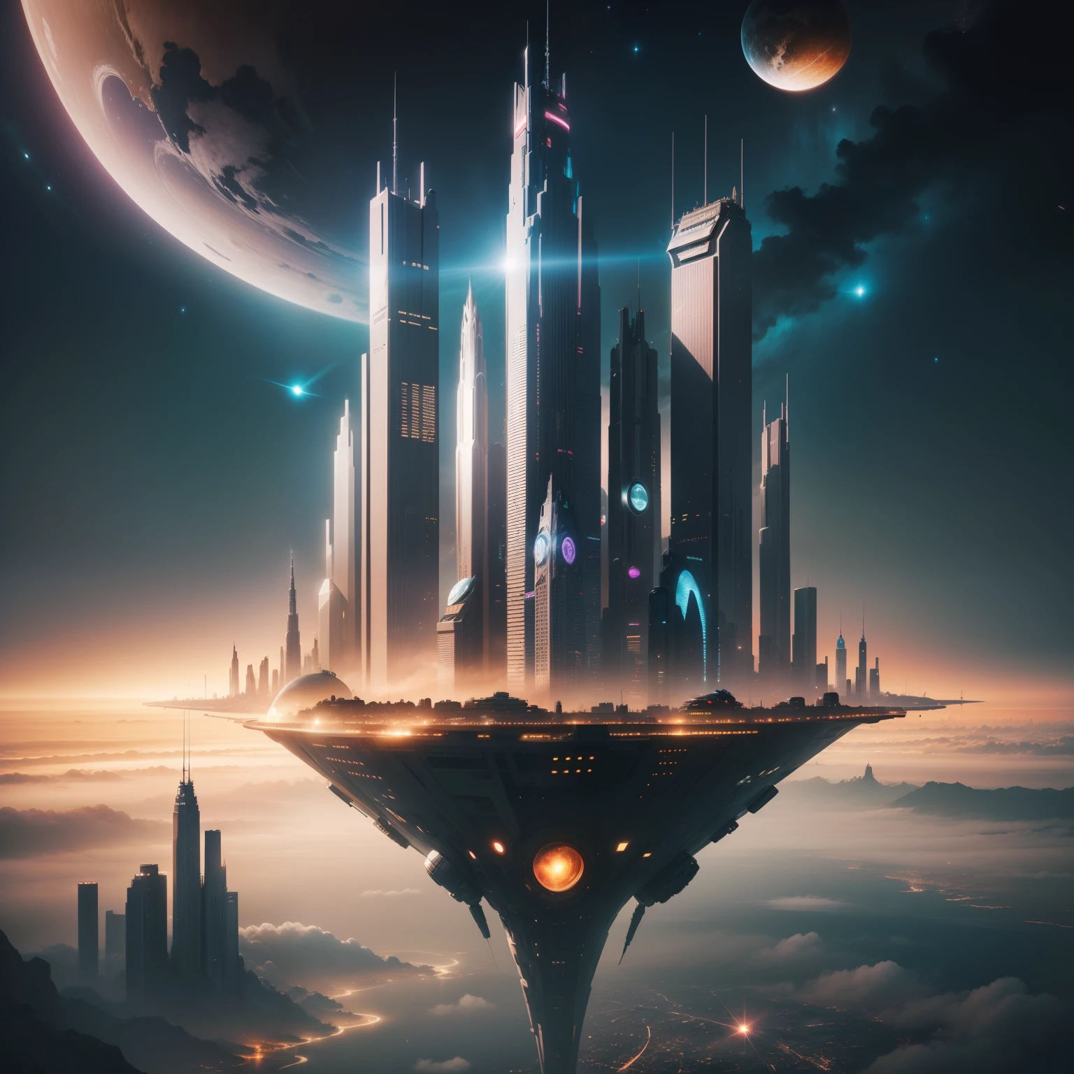 Space City、Futuristic cities、alien、floating in the universe、cyberpunked、skyscrapers line up、A space station、top-quality、masterpiece、24century、dream、utopian、planet earth、World of Dreams、Fantasia、𝓡𝓸𝓶𝓪𝓷𝓽𝓲𝓬、Beautiful city
