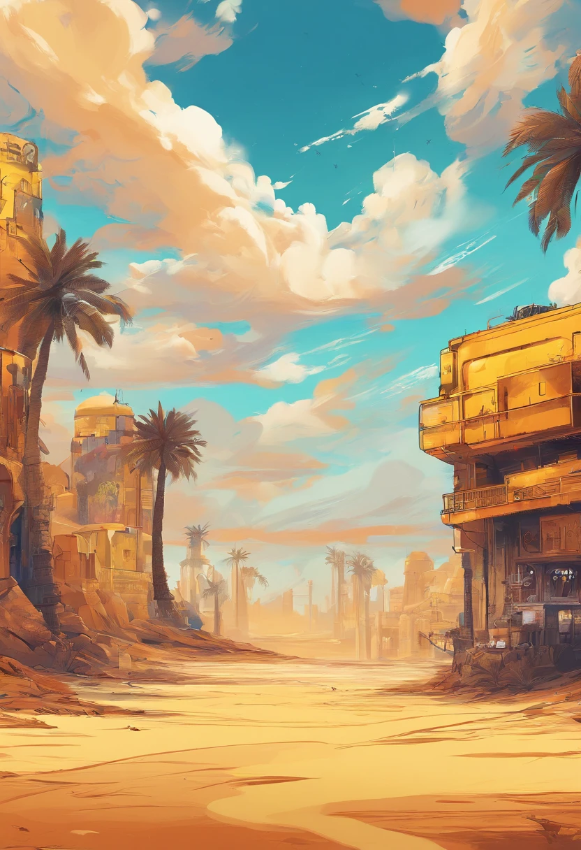 Yellow sand in the sky,The background is a vast desert, Desert oasis,digital landscape art, Detailed scenery —width 672, landscape artwork, environment design illustration, scenery art detailed, Desert oasis landscape, concept-art, 4k highly detailed digital art, 4 k digital painting, 4k digital painting, stunning digital illustration, Desert background, digital painting concept art, Detailed digital painting