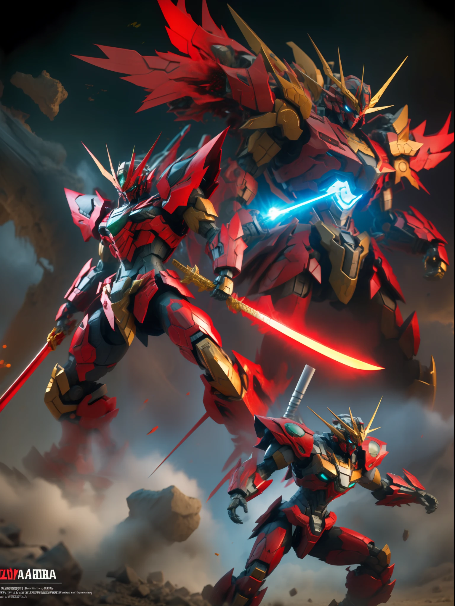 Close-up of a man holding a sword and armor, gurenn lagann, getter robo, Katana Zero video game character, concept art of omegamon, Red armor, full body zenkai! asuka suit, super robot wars, High-tech red armor, anime mech armor, inspired by Hiromu Arakawa, greek god in mecha style,Set in a mysterious world full of war elements