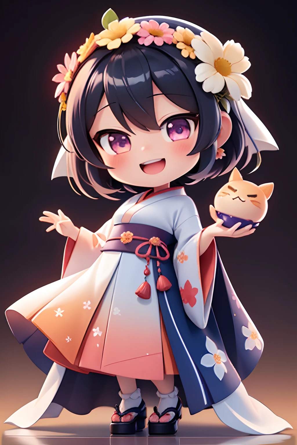photoRealstic、Nedroid in wedding dress arranged in kimono standing in front of the painting、Open mouth and big smile、watercolor Nendoroid、(High Definition Figure)、Flowing iridescent silk、up of face、Eye Up、In the eyes♥、Floral dress、There are also flowers in front of the nendroids、flower petals、season!!: 夏天☀ 🍂