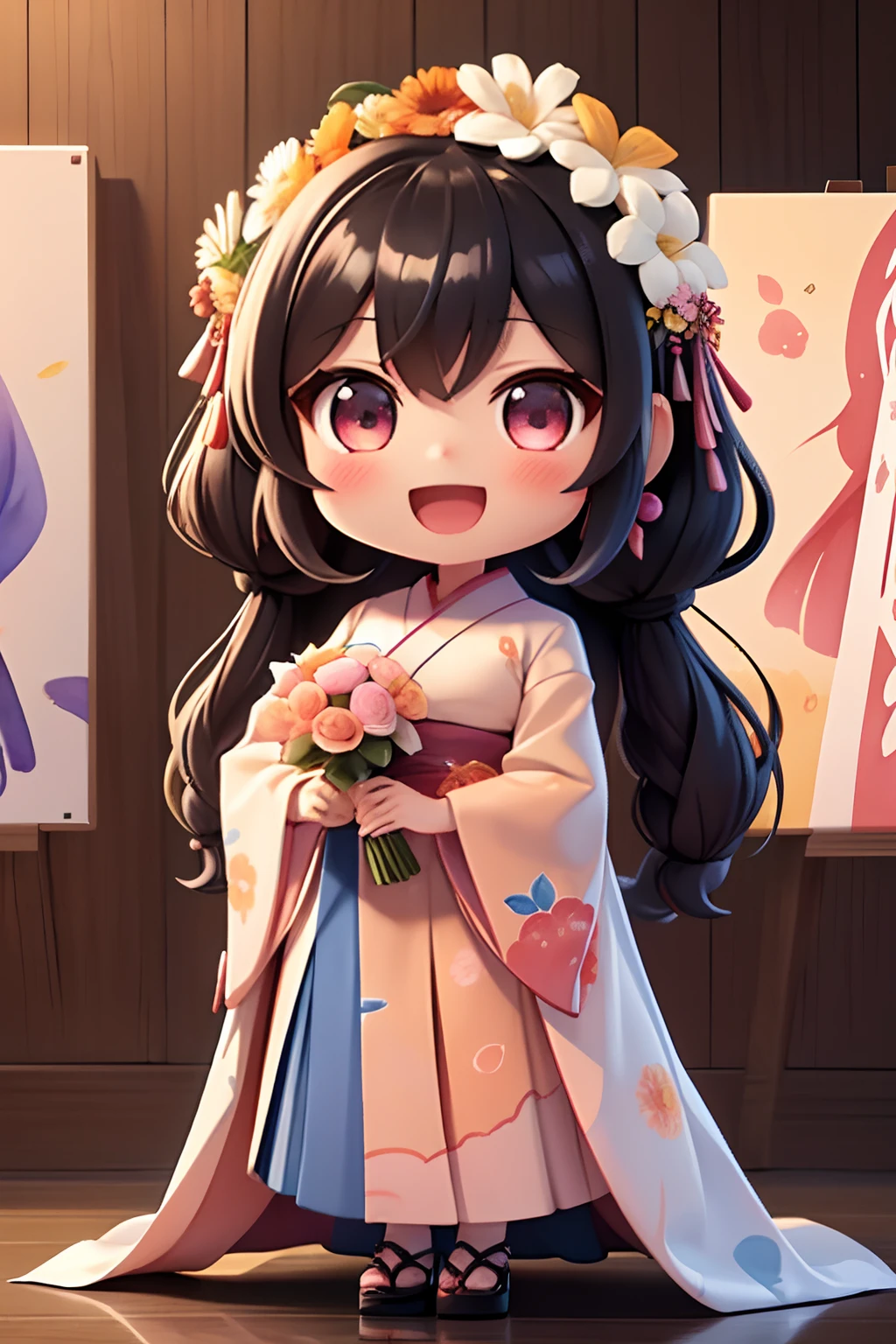 photoRealstic、Nedroid in wedding dress arranged in kimono standing in front of the painting、Open mouth and big smile、watercolor Nendoroid、(High Definition Figure)、Flowing iridescent silk、up of face、Eye Up、In the eyes♥、Floral dress、There are also flowers in front of the nendroids、flower petals、season!!: 夏天☀ 🍂