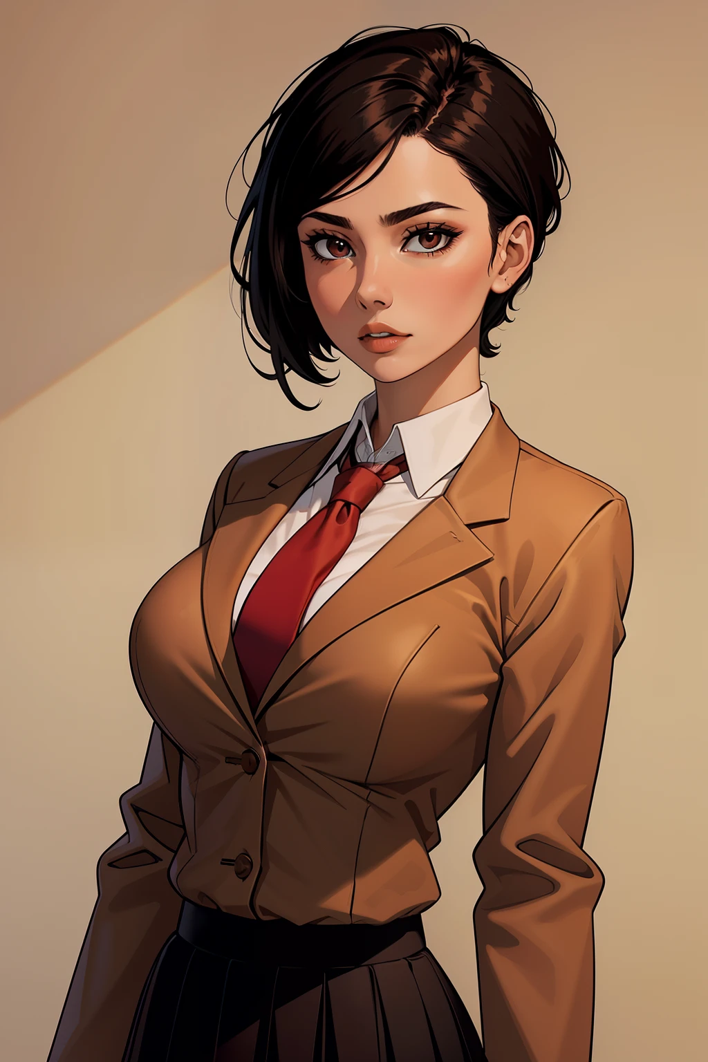 woman, short black hair, wearing a brown office jacket, white shirt, red tie, brown office skirt, no background,