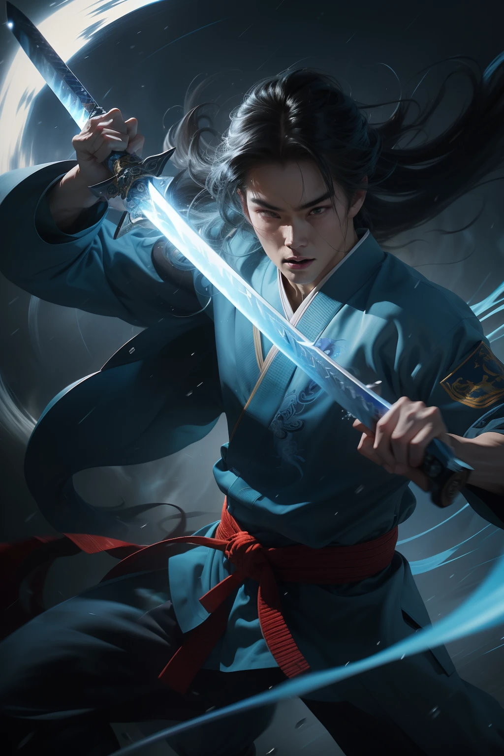 an extreme closeup shot,Martial arts action,battle mode,Extreme flow,Motion blur,Blue sword light,turbulence,thunderclap,shockwave,Flowing hair, grim eyes,rainwater,Cinema lenses,GoPro,f/2.8,diffuse back lighting,Created by Zao Wou-Ki,Chinese big splash ink style
