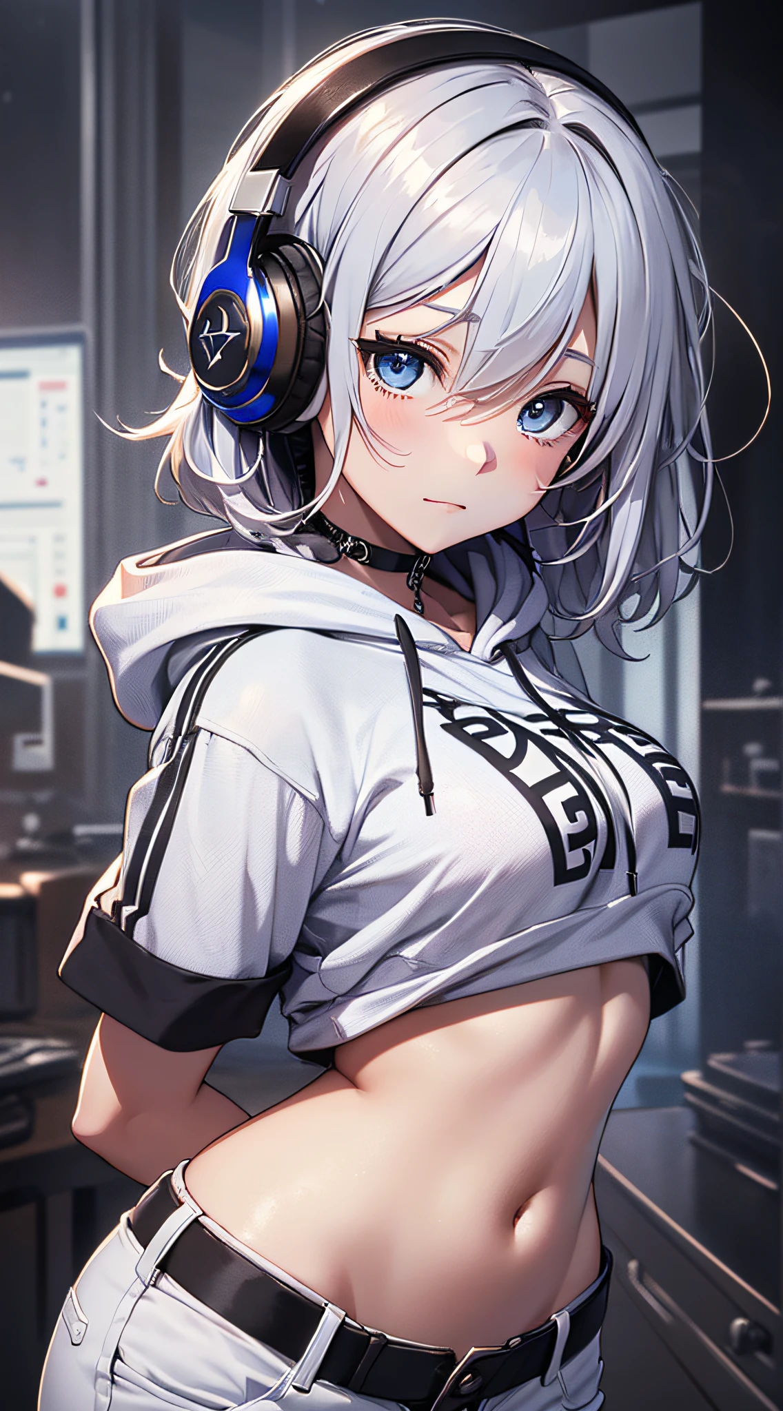 top-quality、Top image quality、​masterpiece、girl with((18year old、Black navel exposes short sleeve hoodie、White pants、Best Bust、Bust 85、silber hair、Disturbed shortcuts、Blue eyes、open chest wide、Happiness、Chain Accessories、Put on headphones、dance)）hiquality、visualart、Background with(spaces、stele々))、masutepiece、Best Graphics、Super delicate