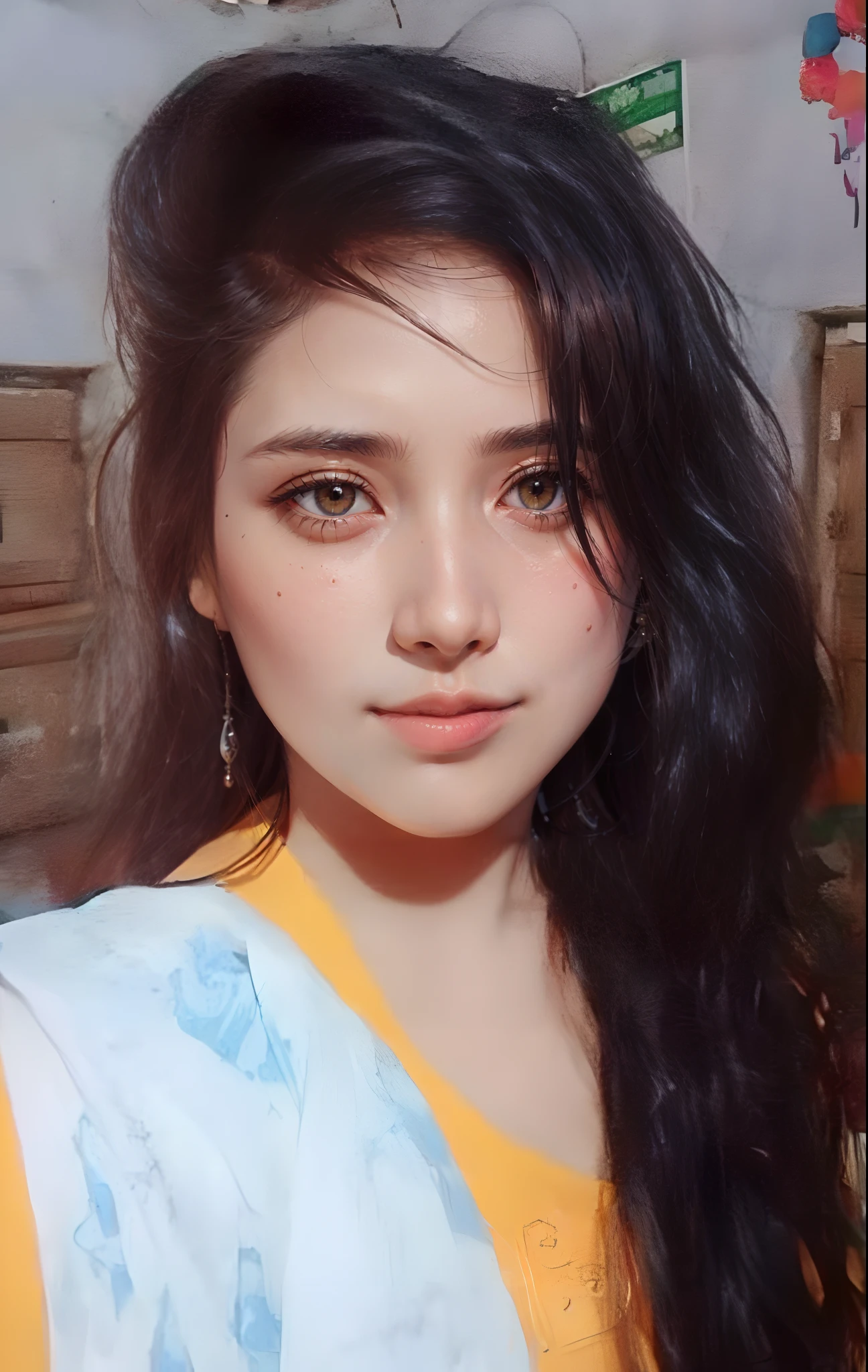 (masterpiece:1.3, Best Quality, photorealistic, ultra-detailed, finely detailed, high resolution), , cowboy hat, singing aearrings, necklace, detailed guitar, (straight guitar neck and strings), medium-length light-brown hair, (in desert area background)