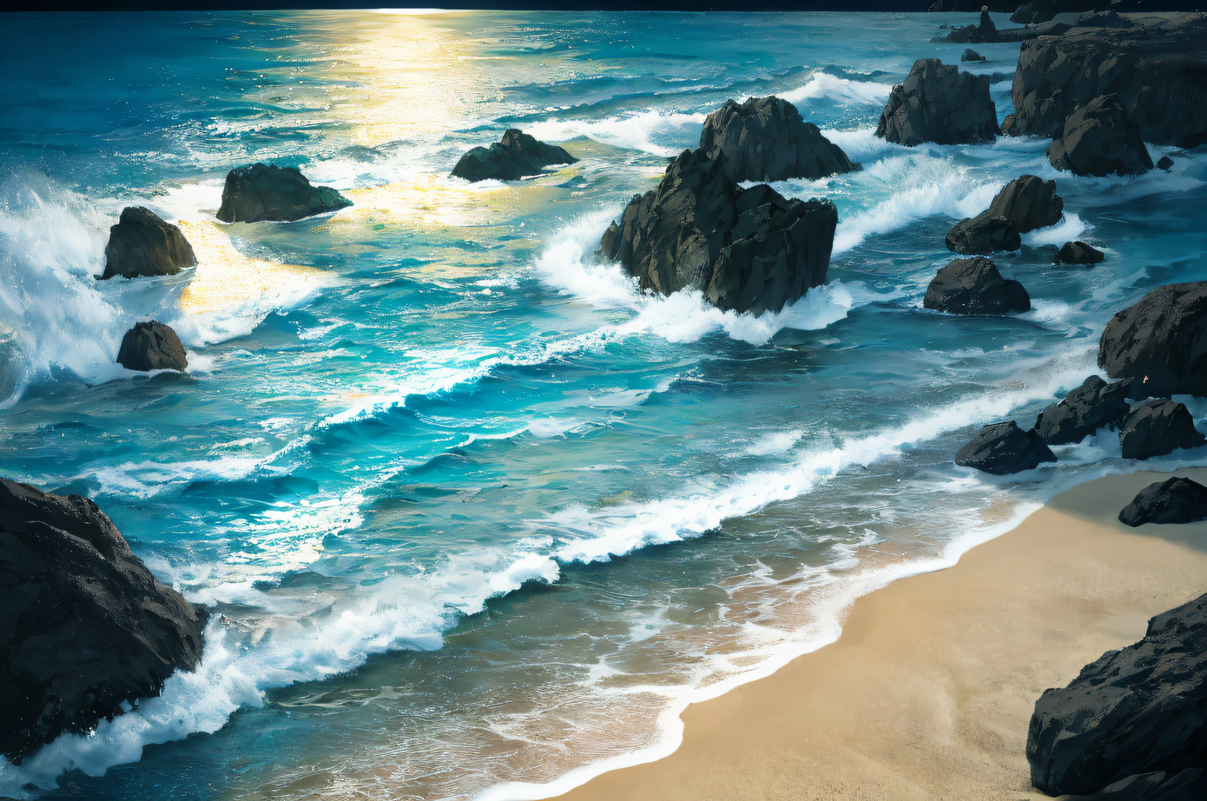 fullmoon、the beach、Mare，boulders，golden sand，Bright moon，Pitch black night sky，