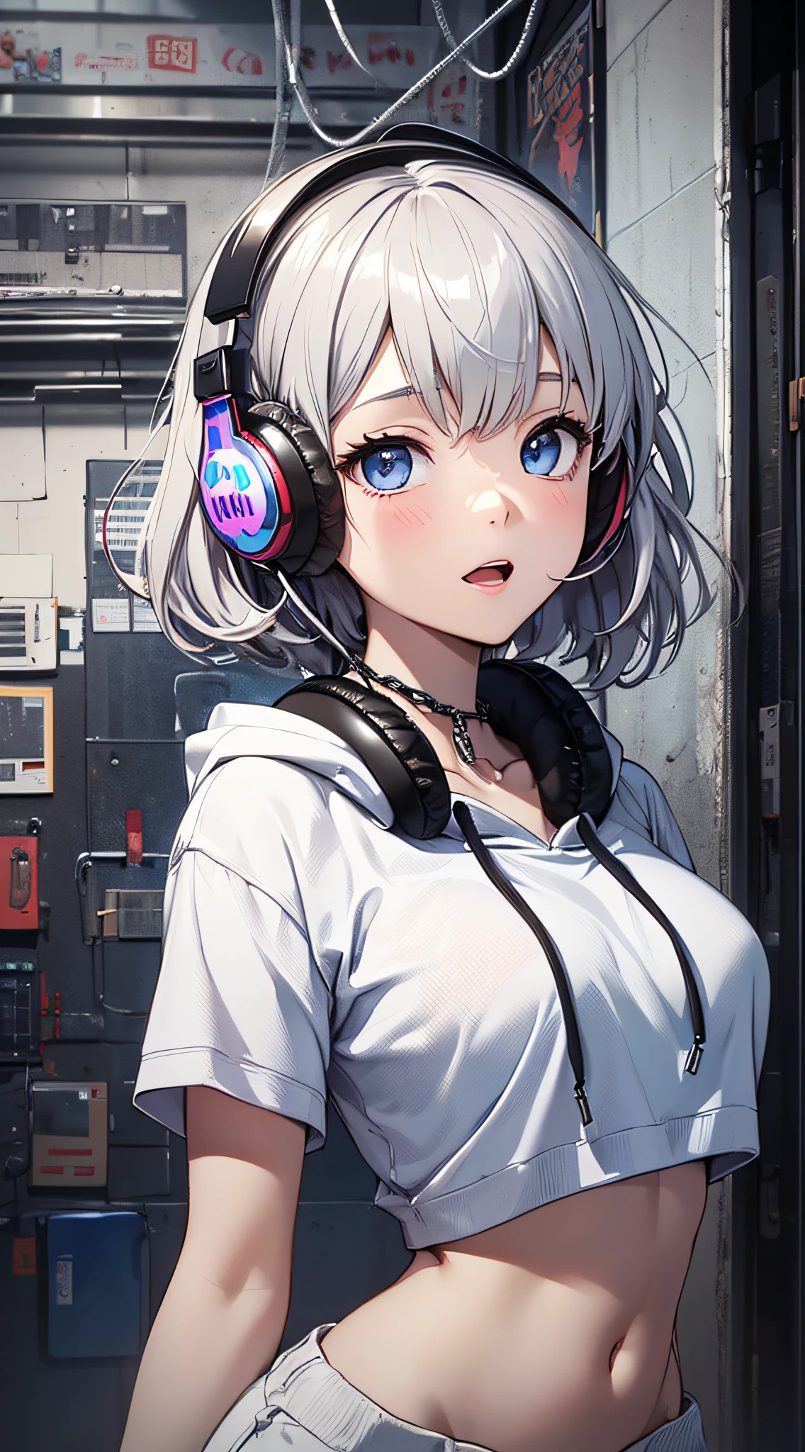 top-quality、Top image quality、masterpiece、girl with((18year old、Black navel exposes short sleeve hoodie、White pants、Best Bust、Bust 85、silber hair、Disturbed shortcuts、Blue eyes、open chest wide、Happiness、Chain Accessories、Put on headphones、dance))hiquality、visualart、Background with(spaces、stele々))、masutepiece、Best Graphics、Super delicate