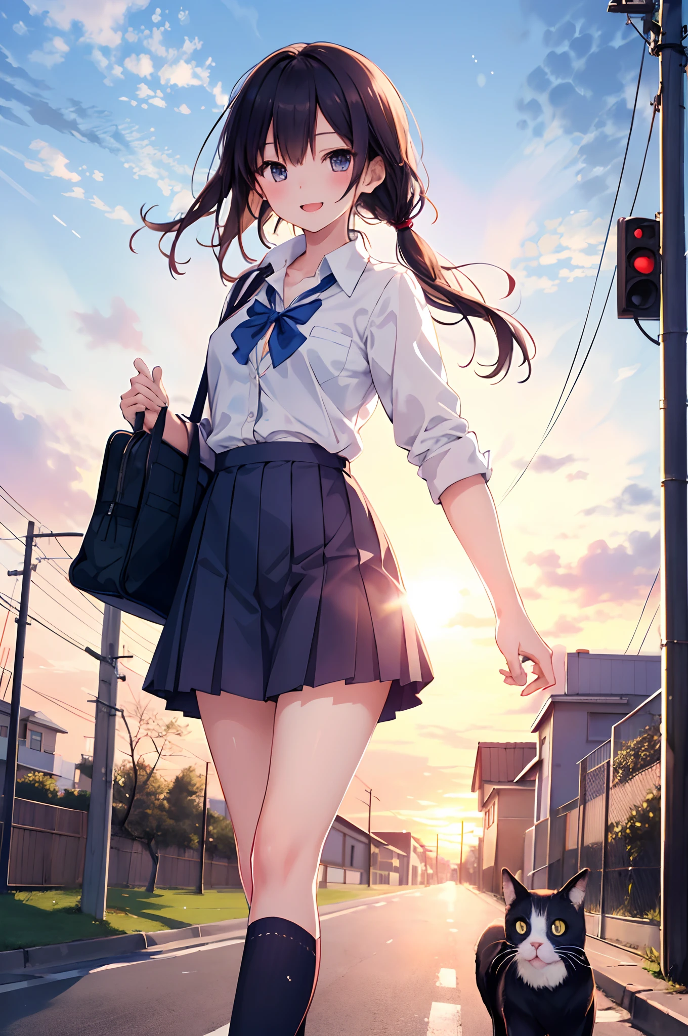Top quality, masterpiece, high resolution, very detailed, 8k, one girl, cute, anime, crystal clear white skin, asian girl, sensual, full-body, young, middle school, 13 years old, child, (hair color is light brown), on the way to school in the morning, summer uniform, with a student bag, panchira: 1.2, windy and hair fluttering, from behind diagonally, miniskirt, lift-up skirt, smile, fantasy, Low angle, reaching out, cute white underwear