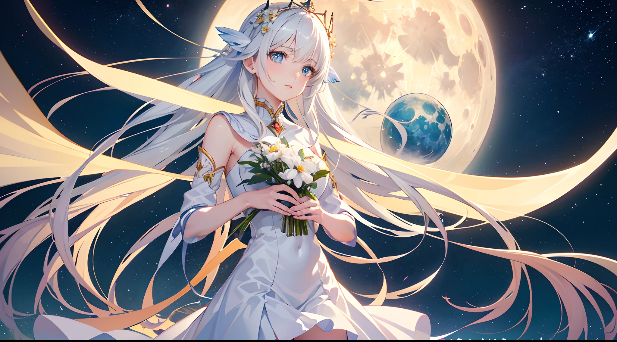 (best quality,4k,8k,highres,masterpiece:1.2),ultra-detailed,(realistic,photorealistic,photo-realistic:1.37),anime girl in a white dress standing in a bamboo forest, champion of Piffy competition, starlight fairy, aquatic creature, moon goddess, from Arknights, ethereal anime, digital art on Piffy, created by Yuumei, starlight ethereal, beautiful celestial sorceress, Piffy, nightcore, fantasy anime illustration, moon goddess, [[fantasy]], Piffy style
