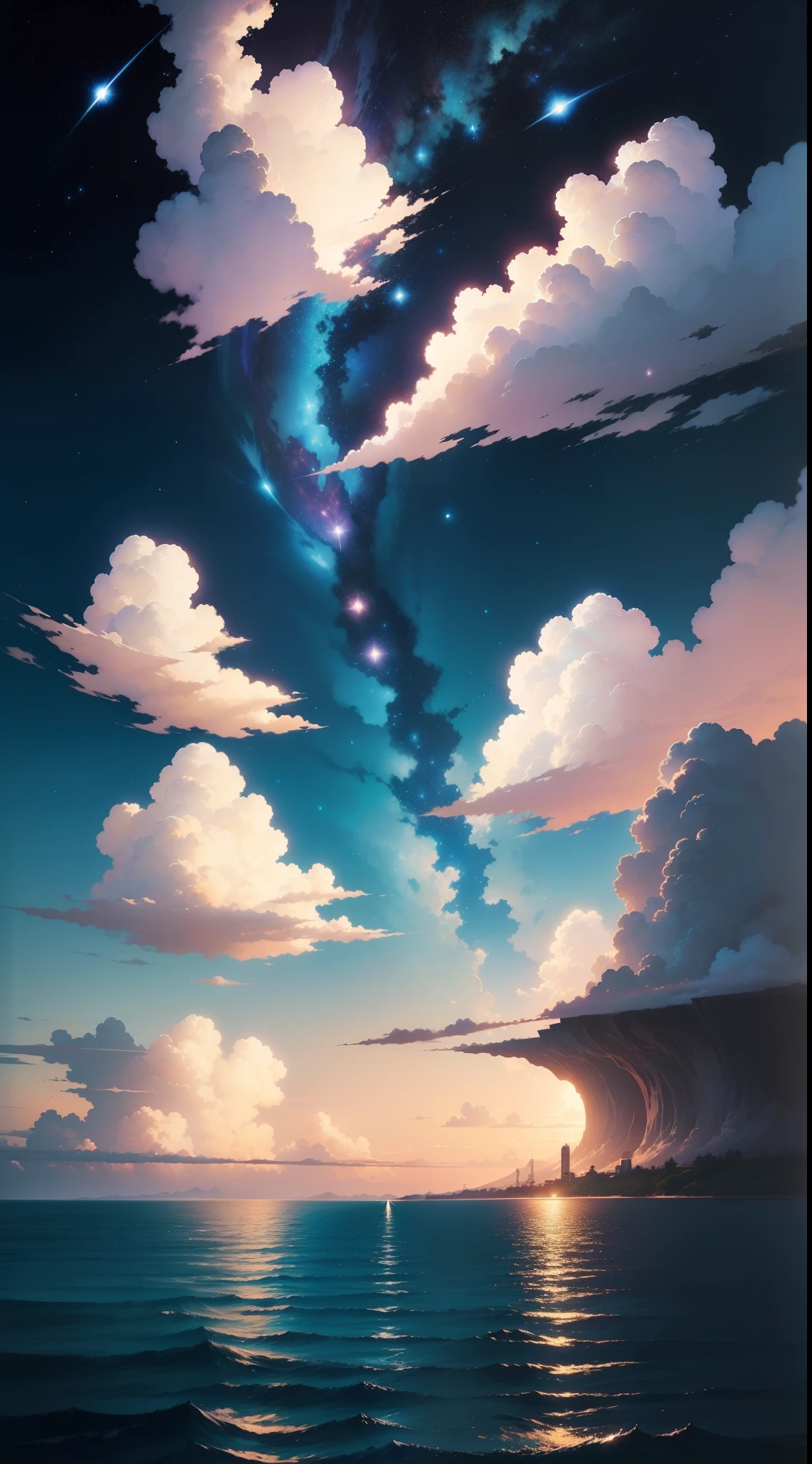 There is a painting of the sky with clouds and stars, cosmic sky. by makoto shinkai, Anime Sky, Blue Sea. by makoto shinkai, anime clouds, style of makoto shinkai, by Ross Tran. scenic background, in the style of makoto shinkai, By Shinkai Makoto. - ? 2160, beautifull puffy clouds. Anime
