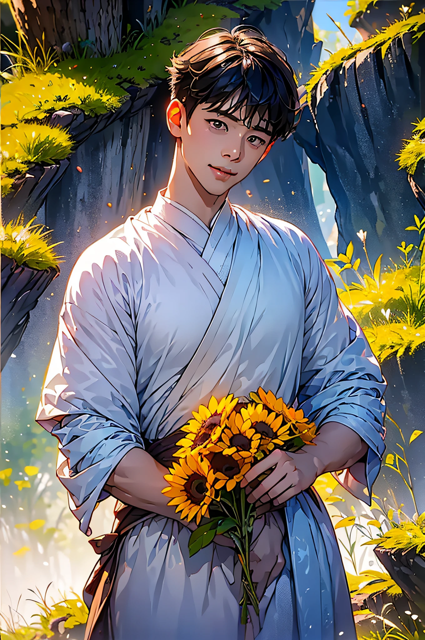 (in 8K、top-quality、masterpiece:1.2)、1 boy、short-haired、Hair short、Brown-skinned、Purple View、