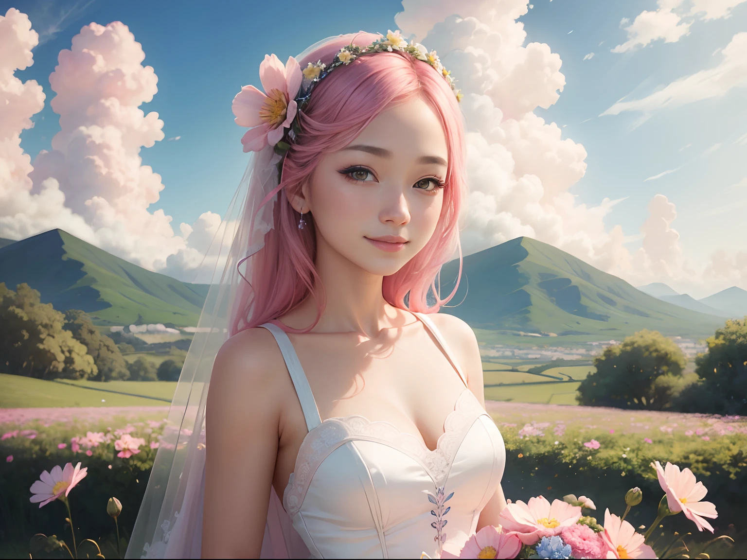 Pink cosmos flowers、blue-sky、Scaly clouds、depth of fields、(blurry backround))、masterpiece、top-quality、The ultra-detailliert、Woman in wedding dress、A smile