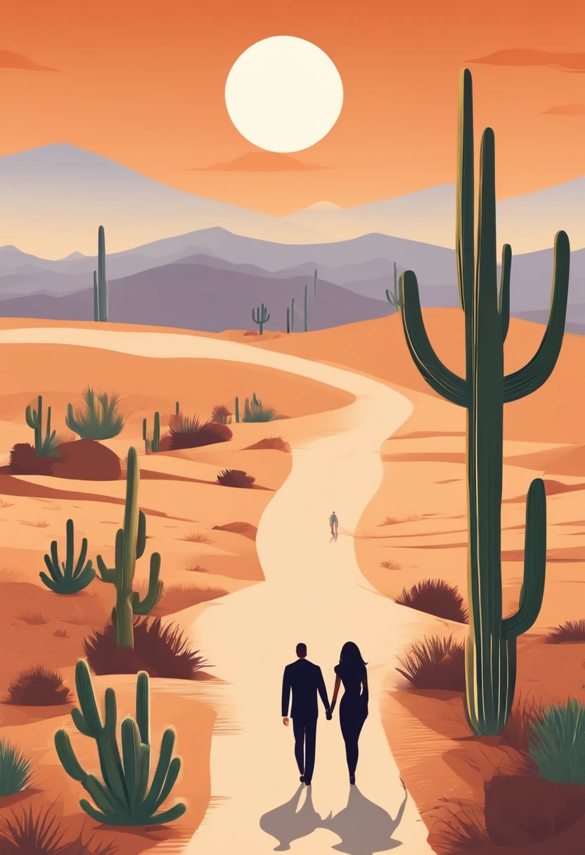 Um logotipo de um casal feliz (marido e esposa), walking towards each other, vindo de lados opostos, em um deserto com cactos, design simples, arte vetorial, minimum