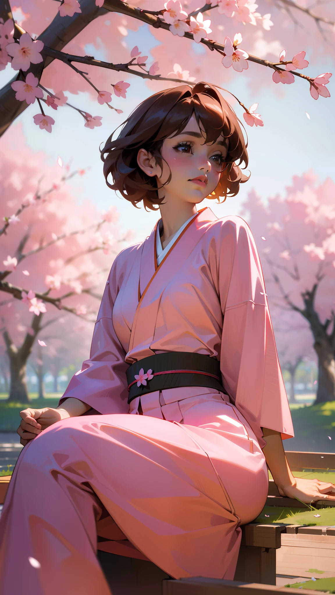 (best quality, 4k, highres, masterpiece:1.2), ultra-detailed, (realistic, photorealistic, photo-realistic:1.37), girl with short brown curly hair, wearing a pink kimono, sitting under a cherry blossom tree, cherry blossoms floating in the air, sunset, vibrant colors, warm lighting.