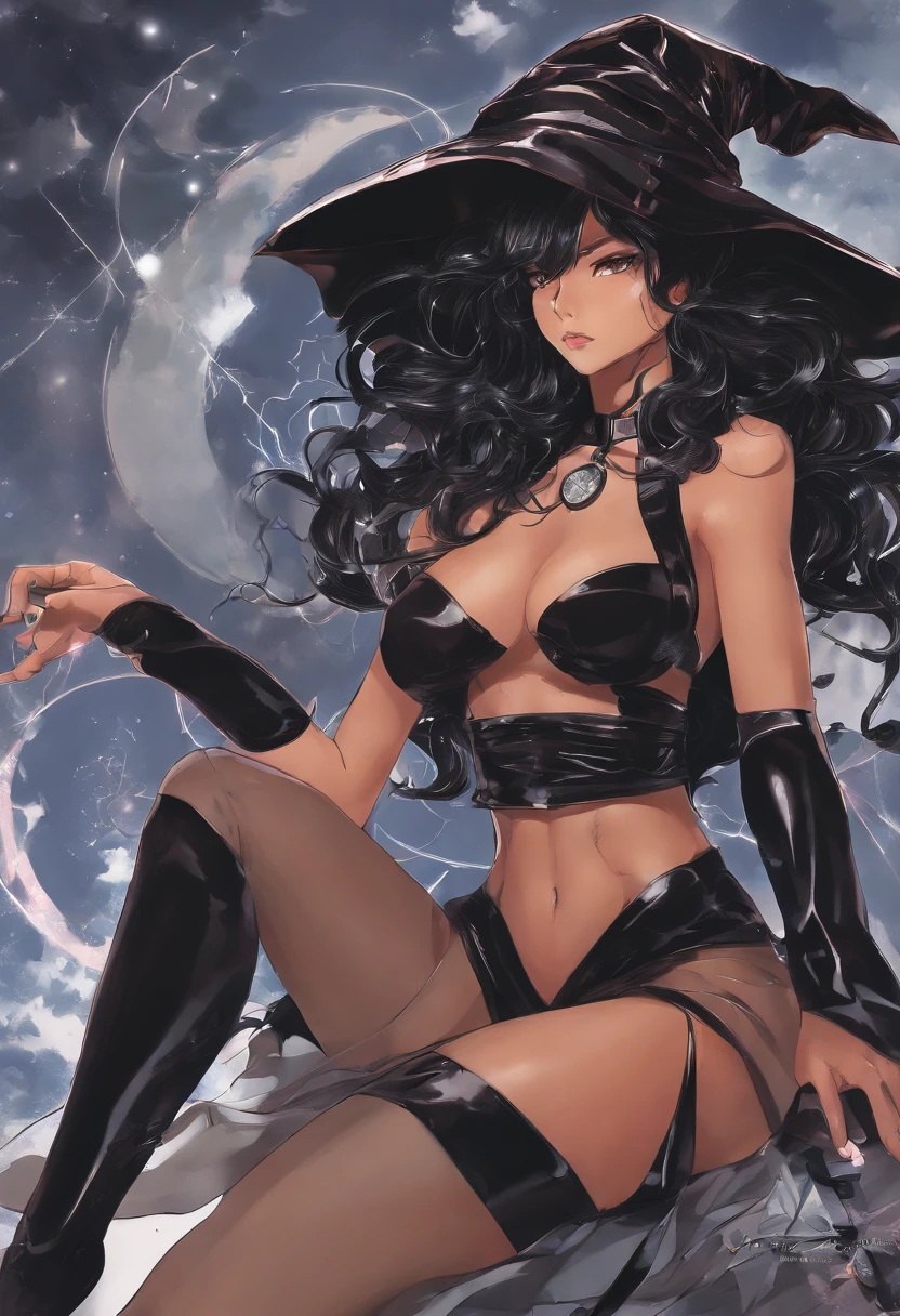 A brown witch. Cuissarde en latex noir. Minijupe en latex noir. poitrine moyenne. topless. dominant. Nsfw