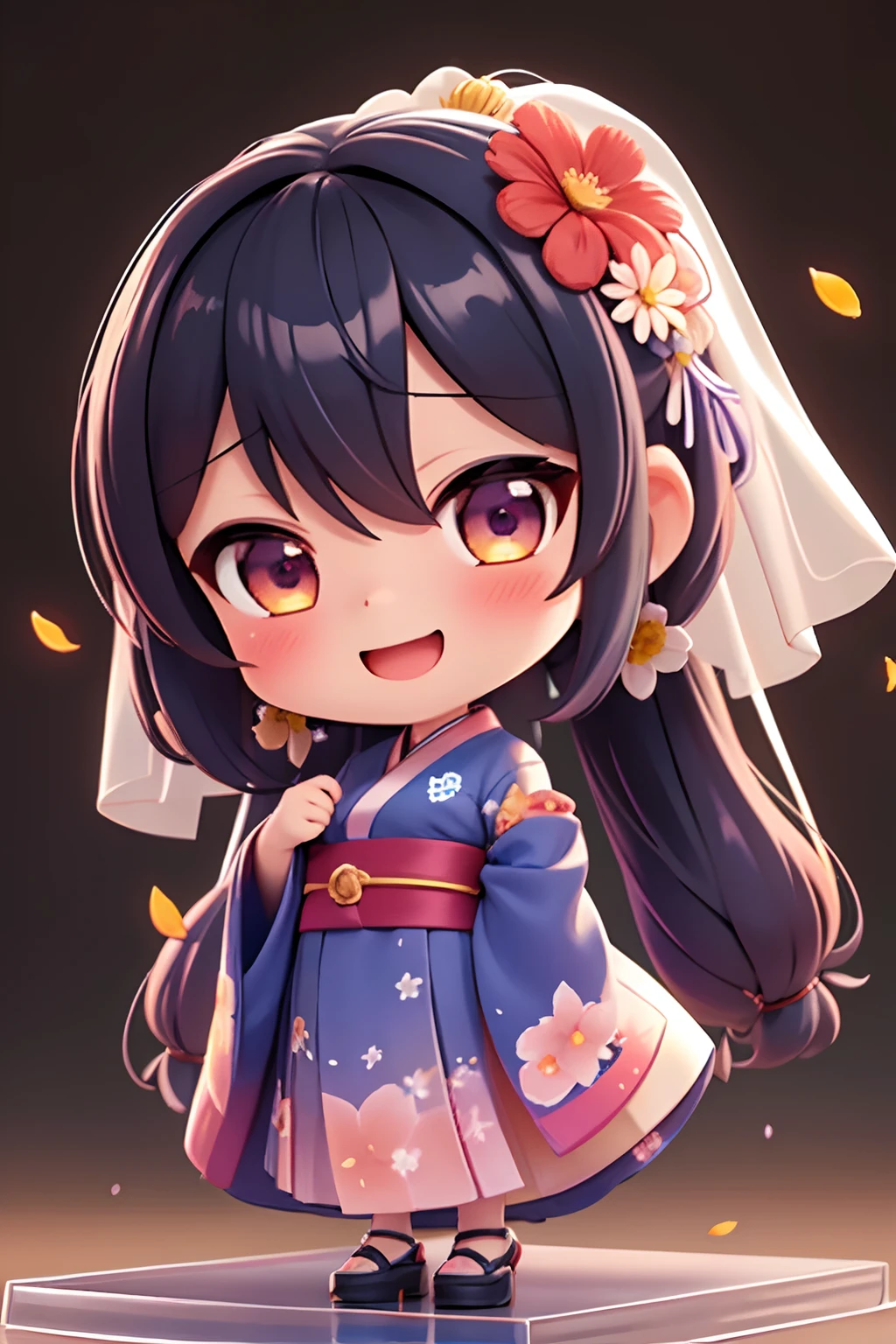 photoRealstic、Nedroid in wedding dress arranged in kimono standing in front of the painting、Open mouth and big smile、watercolor Nendoroid、(High Definition Figure)、Flowing iridescent silk、up of face、Eye Up、♥Colorcon with a handle、Floral dress、There are also flowers in front of the nendroids、flower petals、season!!: 夏天☀ 🍂