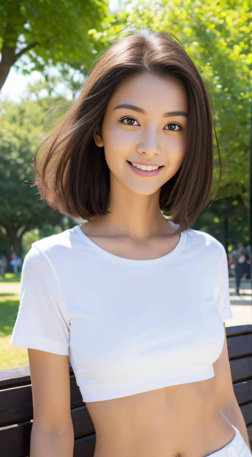 (best qualtiy,8K,tmasterpiece:1.3),(sharp fokus:1.2),(A girl stands by a bench in the park:1.2),(perfect body figure:1.4),(Slim abs:1.1),exteriors,ssmile,rays of sunshine,Fine face,beautidful eyes,Straight legs,white shirt, shorter pants, White sneakers