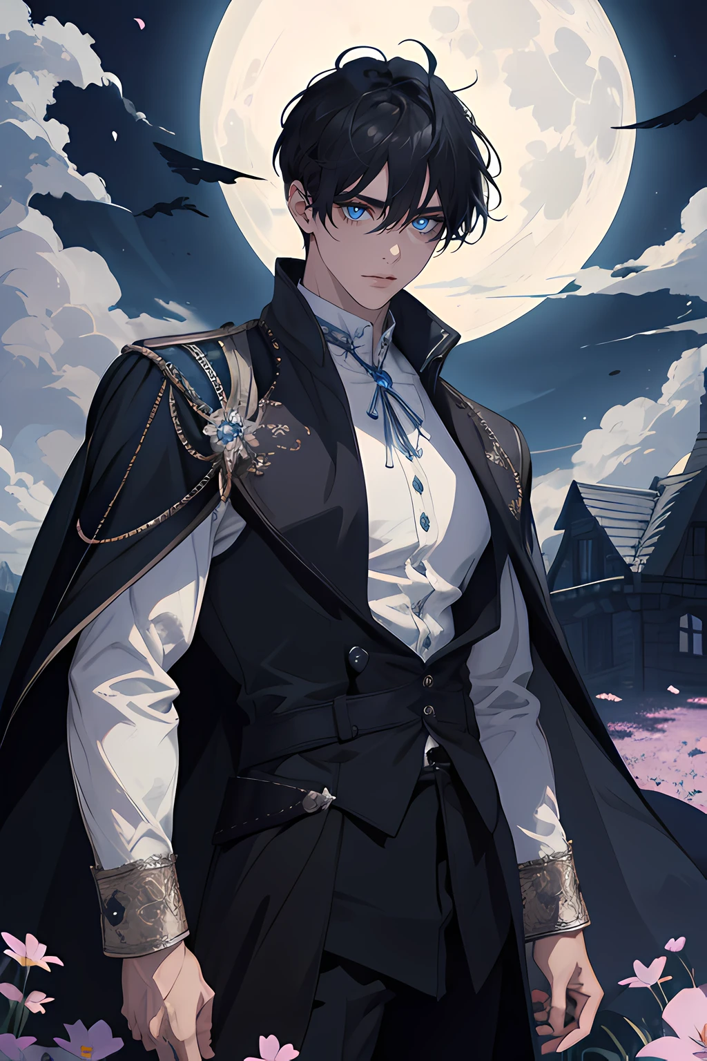 (absurdres, highres, ultra detailed), 1 male, adult, mature, handsome, tall soft muscular guy, black short Quiff hair with Soft Fringe ((bangs part on side 3:7 ratio)) broad shoulders, blue eyes, fantasy clothes (long sleeves), cloak, (one side long earing), finely detailed eyes and detailed face, fantasy, night, dark theme, cinematic lighting, detailed light, detailed shadow, colorful, portrait, flying petal, Flowery meadow, cloudy sky, building, moon, light, dutch angle, cowboy shot