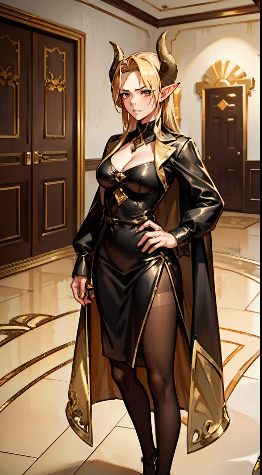 1woman,40s,solo,angry face,golden and black short dress,medium tits,golden hair,long hair,red eyes,elves ears,golden horns,pantyhose,((cape)),hair over one eye,gold high heels,back view,(((standing in front of a room inside a castle)))