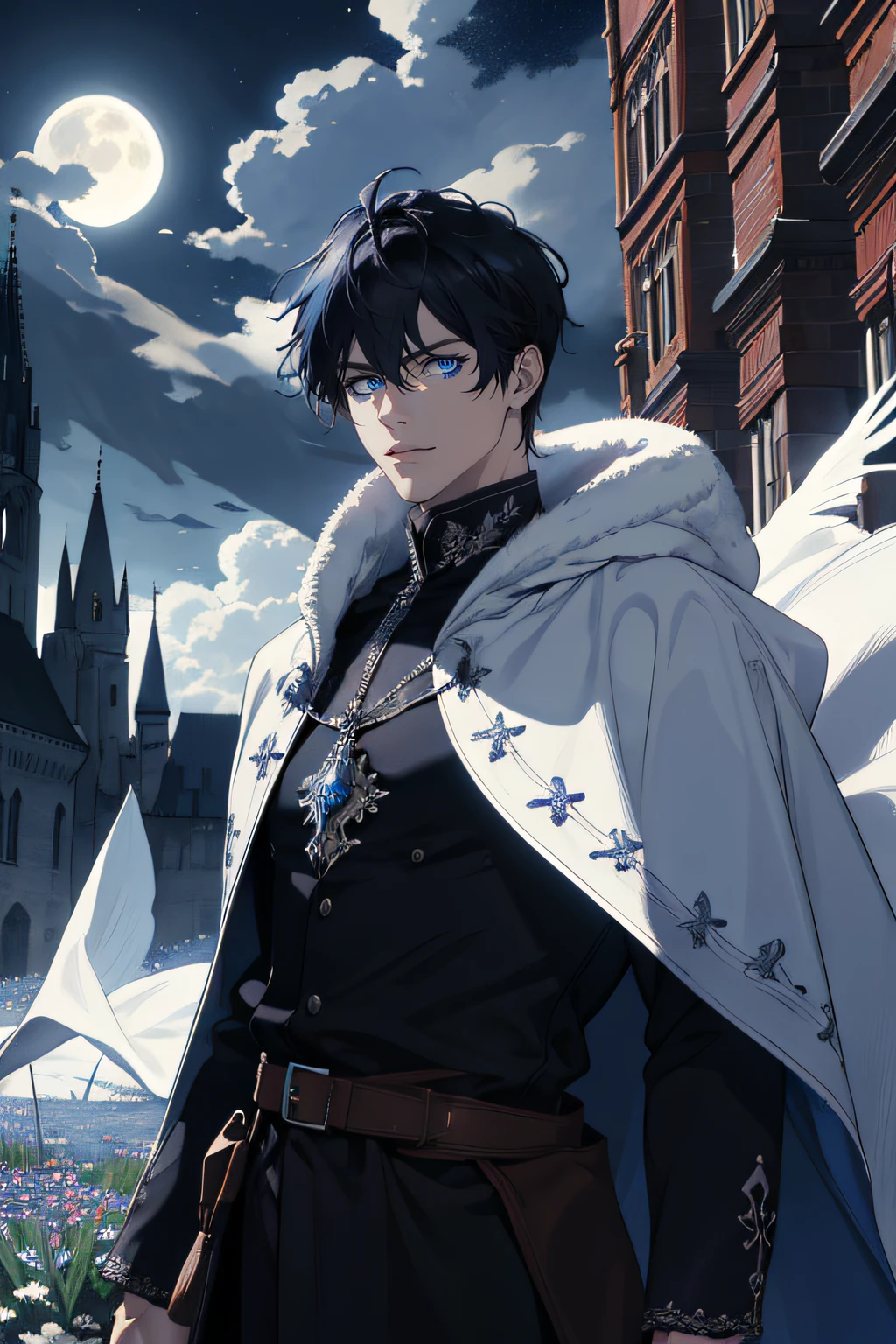 (absurdres, highres, ultra detailed), 1 male, adult, mature, handsome, tall soft muscular guy, black short Quiff hair with Soft Fringe (bangs part on side 3:7 ratio) broad shoulders, blue eyes, fantasy clothes (long sleeves), cloak, one side long earing, finely detailed eyes and detailed face, fantasy, night, dark theme, cinematic lighting, detailed light, detailed shadow, colorful, portrait, flying petal, Flowery meadow, cloudy sky, building, moon, light, dutch angle, cowboy shot