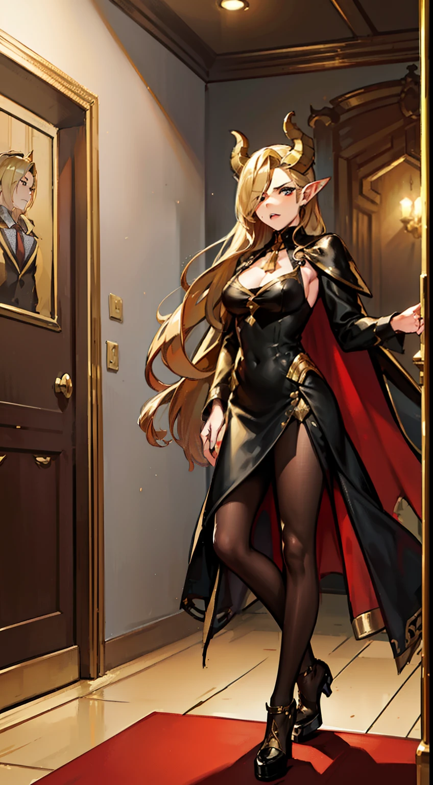 1woman,40s,solo,angry face,golden and black short dress,medium tits,golden hair,long hair,red eyes,elves ears,golden horns,pantyhose,((cape)),hair over one eye,gold high heels,back view,(((standing in front of a room inside a castle)))