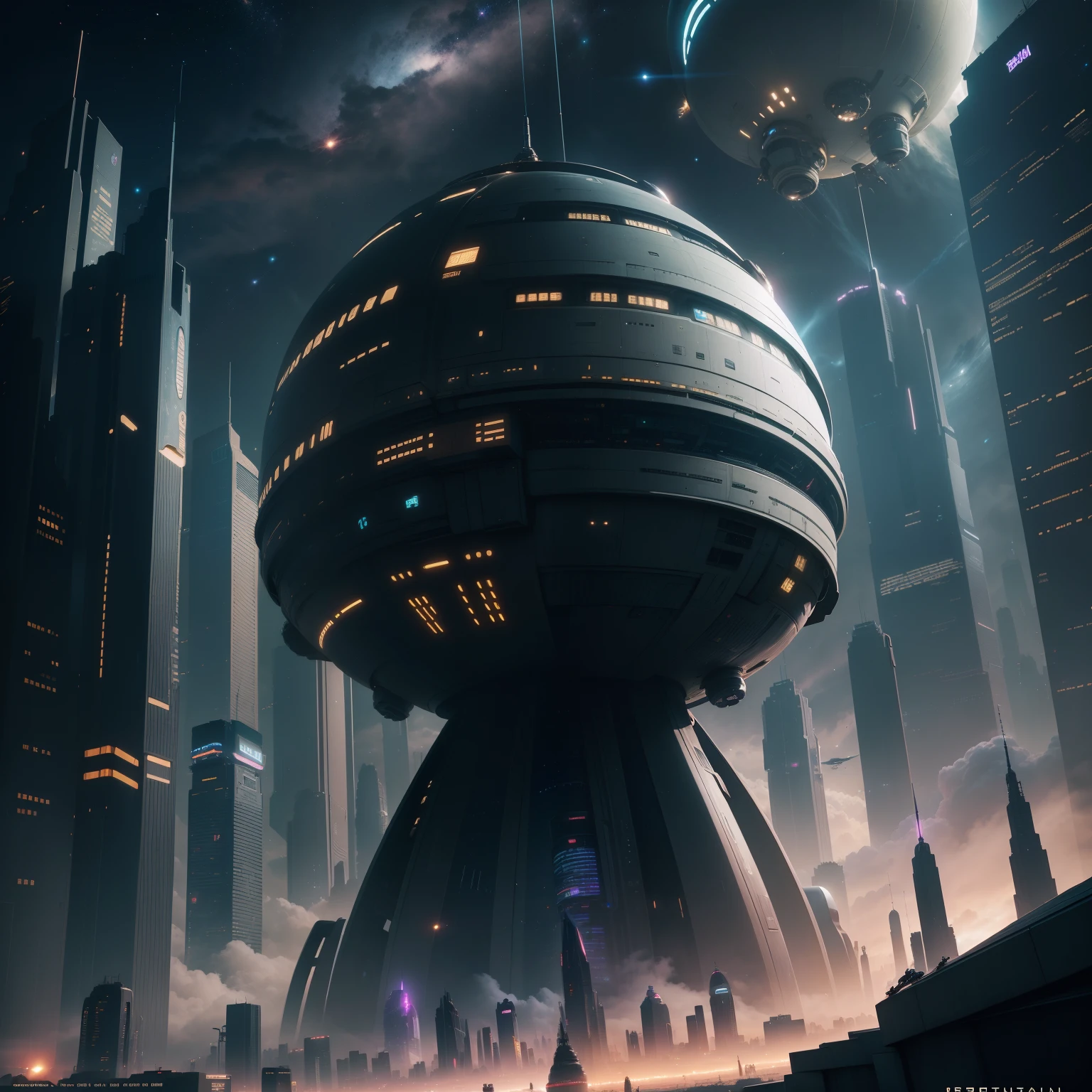 Space City、Futuristic cities、alien、floating in the universe、cyberpunked、Skyscrapers line the streets、A space station、top-quality、masterpiece、24century、dream、utopian、planet earth、World of Dreams、Fantasia、𝓡𝓸𝓶𝓪𝓷𝓽𝓲𝓬、Beautiful city