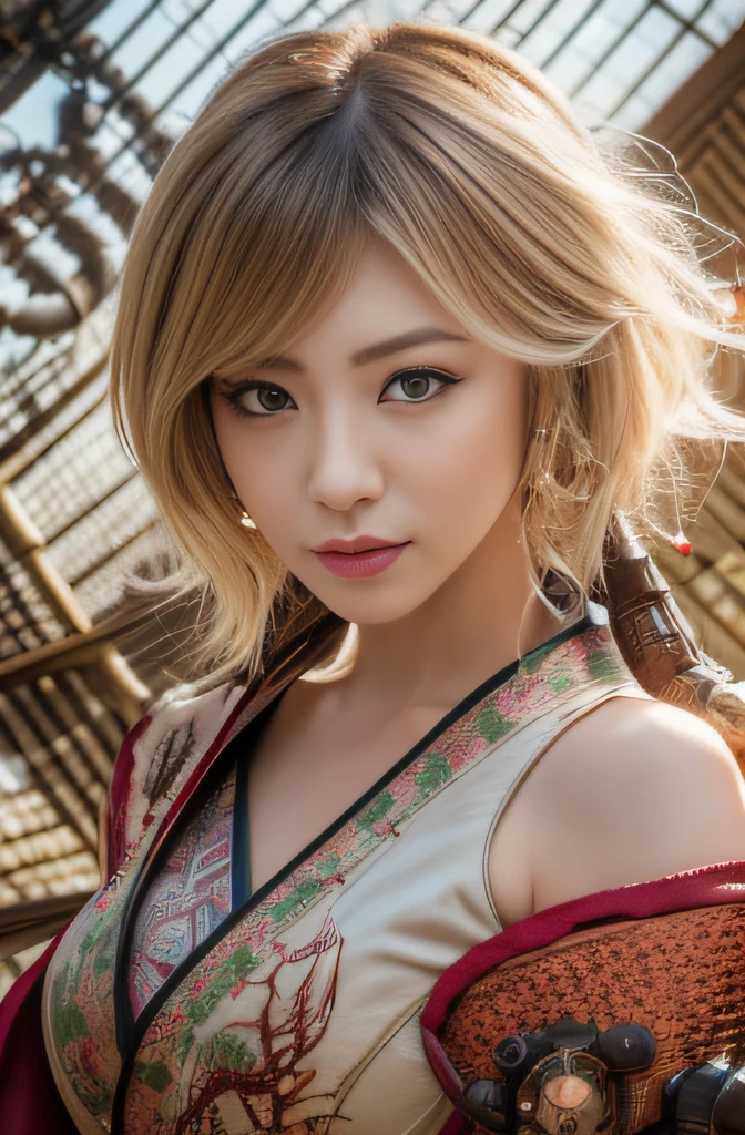 (masterpiece:1.2), ultra detailed, ultra high res, (realistic, photo realistic:1.37), high detail RAW color photo, professional photograph, an extremely delicate and beautiful, extremely detailed, 8k wallpaper, Amazing, finely detail, huge file size, extremely detailed beautiful girl, extremely detailed face, extremely detailed eyes, extremely detailed skin, extremely detailed fingers, extremely detailed nose, extremely detailed mouth, perfect anatomy, highly detailed background, (a famous actress of Japan:1.2), blond hair, shortcut hair, (gyaru:1.2), Dynamic lighting, (Steampunk:1.35), full body, (kimono with dragon embroidery:1.3), Dynamic Pose, dark, (cluster amaryllis field:1.5), bare shoulders,