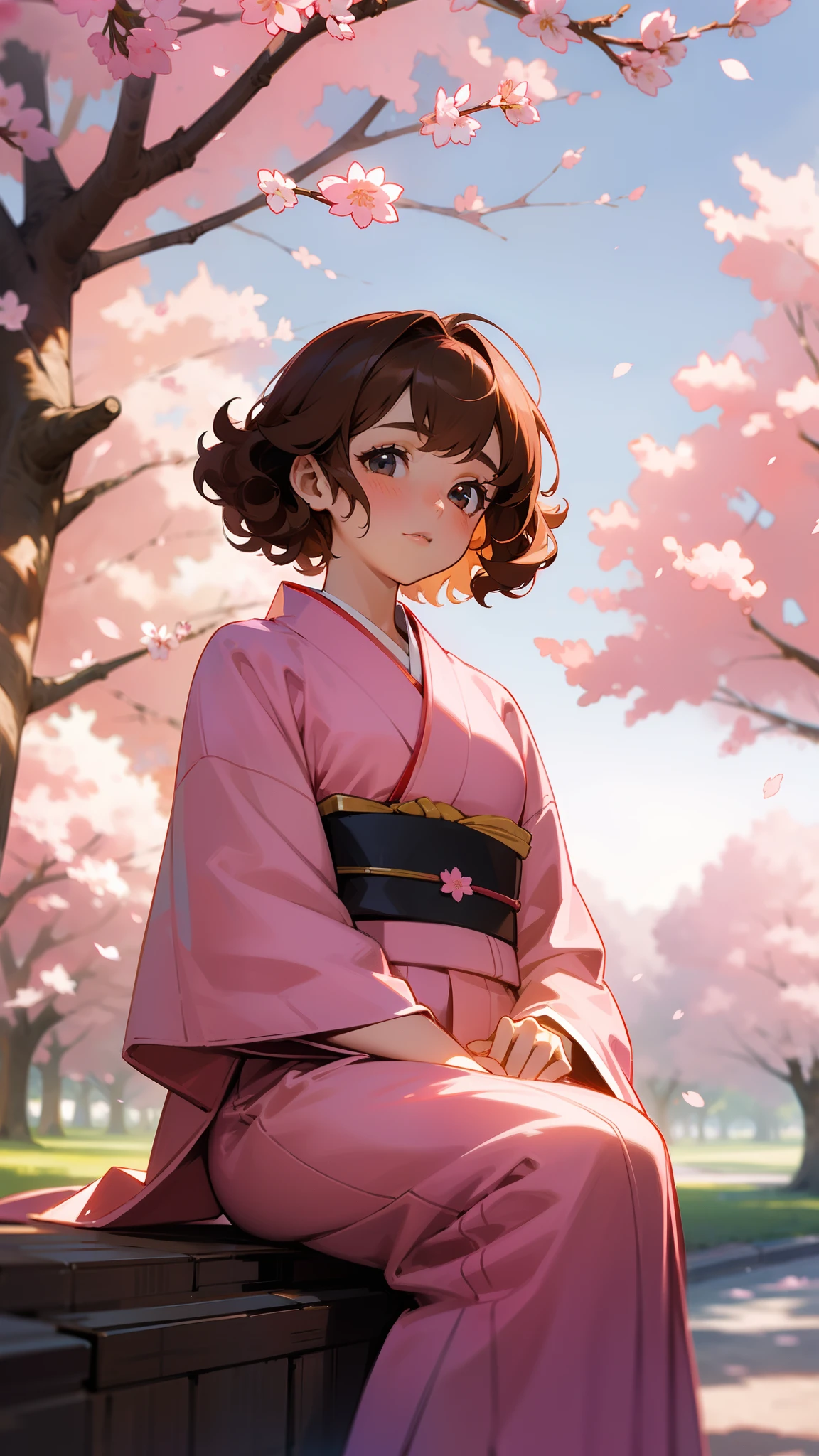 High Picture Quality,s girl,short detailed hair,A brown-haired,curlies,Pink kimono,sitting under a cherry tree,Cherry blossoms are floating in the sky,the setting sun,evening light