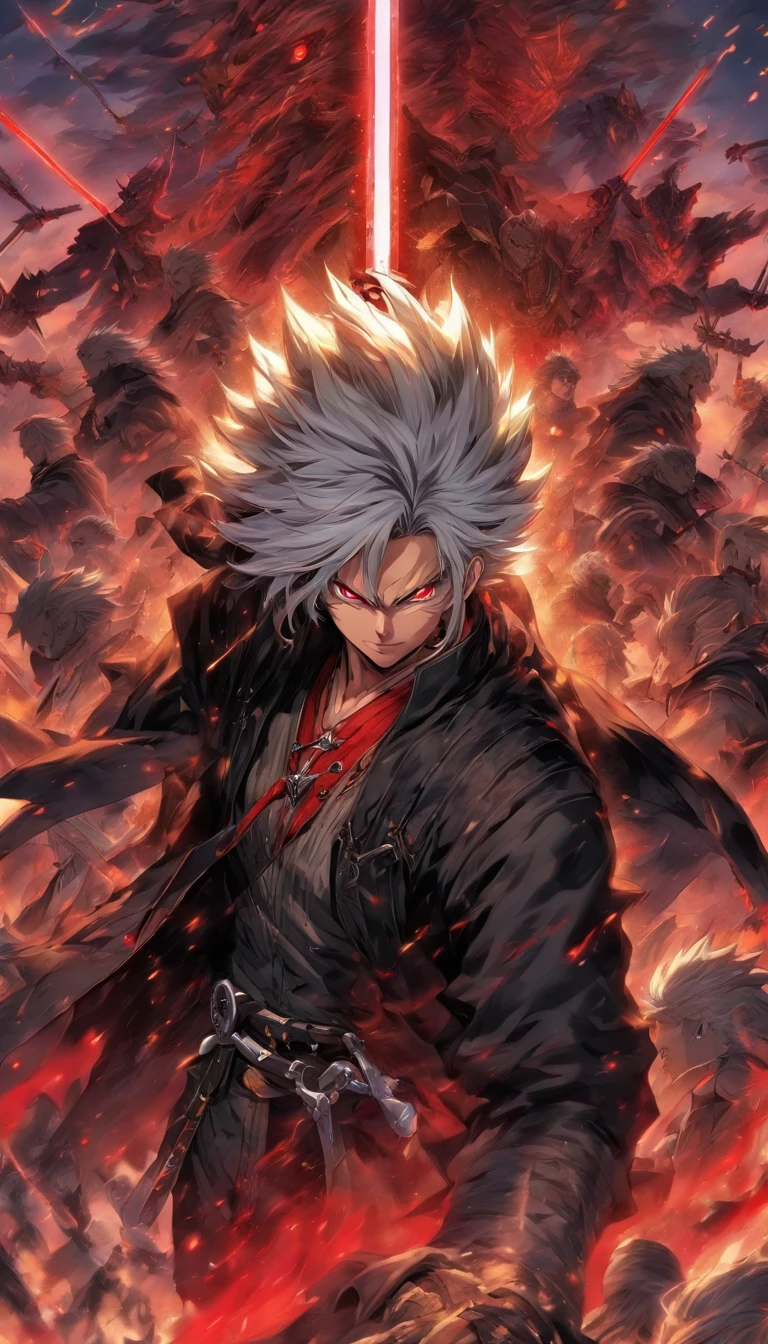 A gray-haired, The red-eyed man wears a black jacket, Sword formation,Lots of swords around,Top view,Skysky,Sword formation