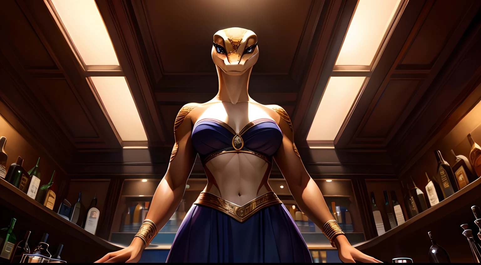 4k resolution, Semi-realistic art style, anthropomorphism, Portrait, Strapless Dress, intricate lighting by Bonifasko, The scales on the character's body show remarkable realism, including a beautifully detailed face, that attracts the viewer's attention, A natural break, Cinematic lighting, Ultra-detailed background of the bar counter in the bedroom, Full front view of the body, partial shadow on the figure, Excellent illumination, twilight rays, Detailed ambient and gray lighting, Soft lighting of the abdomen, All content, Suitable for a wider audience, Focus & Sharpness, Maintaining a sense of shaded craftsmanship, The fusion of fantasy and anthropomorphic art, Commissioned for ultra-high resolution, First-person line-up, A stunning masterpiece of exquisite quality, Bright coloring, Carefully traced facial features, emphasizing the captivating beauty, Elements of the cobra snake in the structure of the face and ears, breast and midriff, A mesmerizing look towards the viewer, slightly drooping eyelids, Masterful execution, Grade 1.21, Ultra-high quality demonstration in 1.2, Illustration with cinematic lighting with a rating of 1.3, Detailing intricate scales, Harmonious color balance, covering global illumination and ray tracing, Skilfully controlled lighting, revealing anthropomorphic attributes, noticeable curvature of the hips and chest, Fantastic charm combined with viewer engagement, An alluring and slightly mysterious expression, beautifying the beauty of the face, solid hips with an athletic physique;, The composition is purely visual, Free from any textual distractions, creation, that goes beyond language and symbols