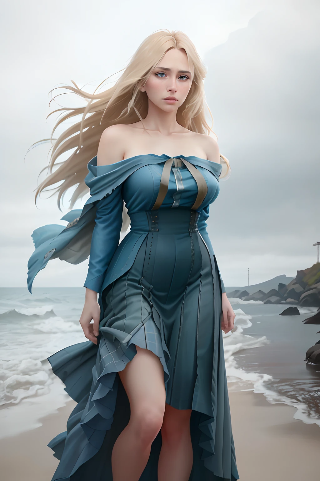 photo awarded best quality masterpiece upper body woman blonde hair blonde blown by wind blue eyes long dress modern by Jeremy Lipking by Antonio J. Manzanedo by lee jeffries Nikon D850 film stock photography 4 camera kodak portra 400 lens f1.6 rich colors realistic texture hyper realistic lighting dramatic mechanism unreal mechanism trend on artstation cinestill 800, fisheye lens, kilt style, windy beach, forest