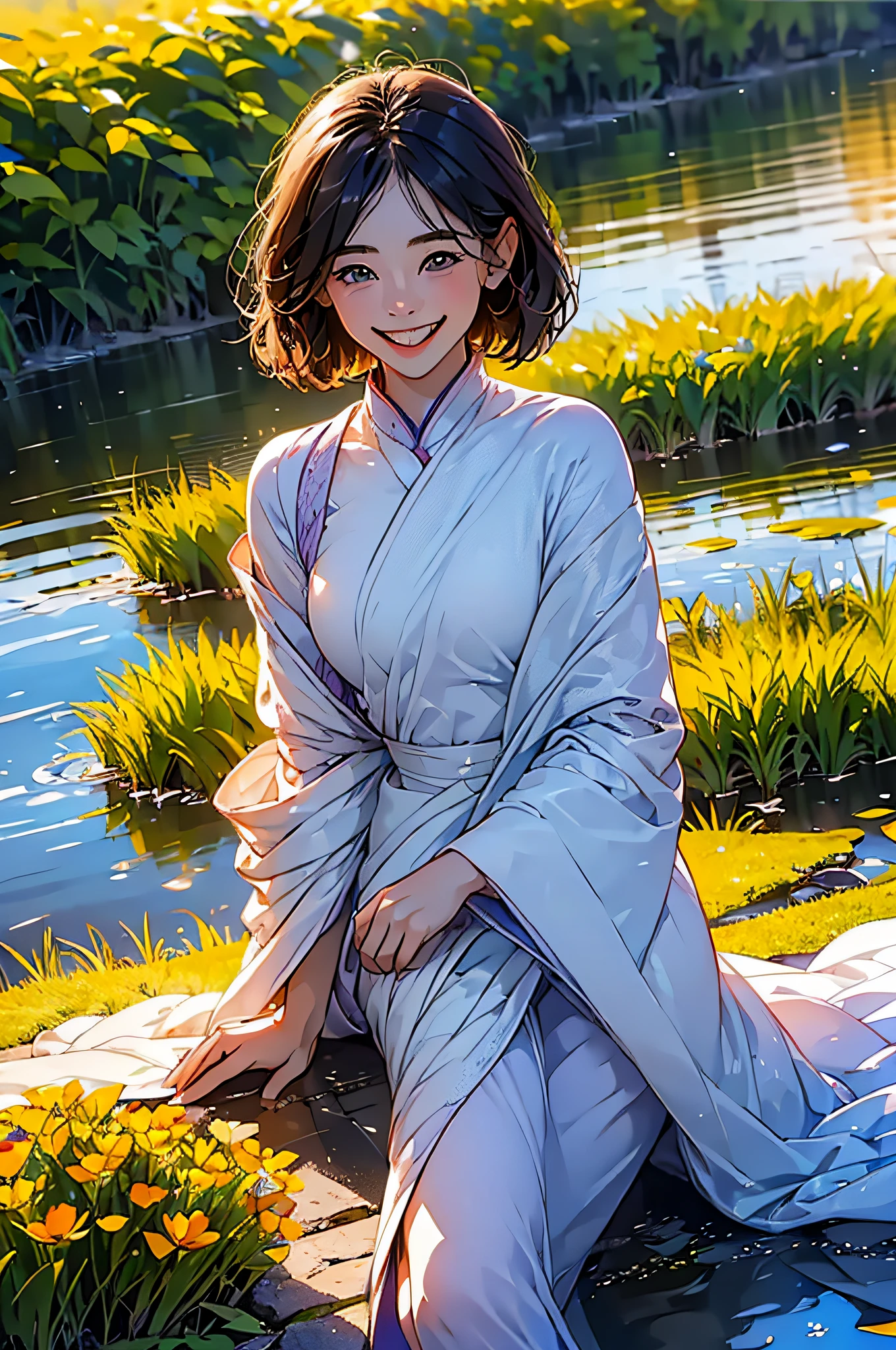 (in 8K、top-quality、masterpiece:1.2)、1人の女性、(Smiling smile:1.1)、beautidful eyes、Valley、The upper part of the body、shorth hair、Like a boy、short-cut、Purple View、