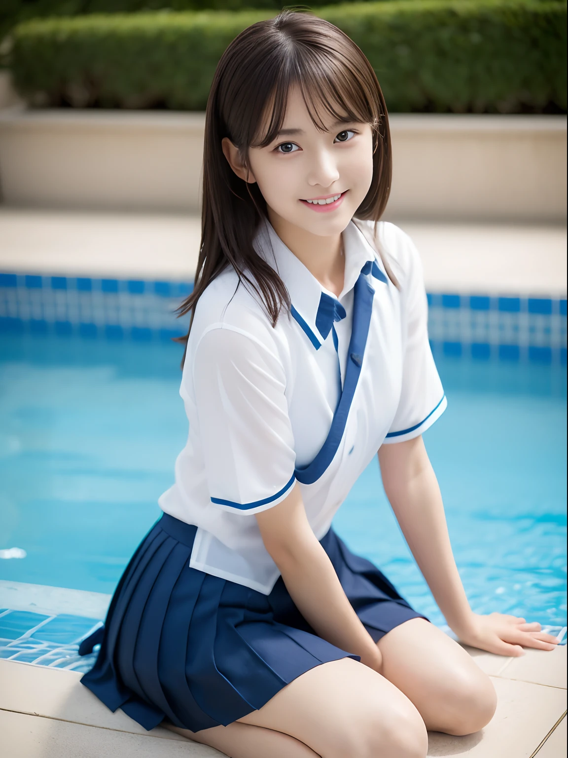 (32ｋ,high detal,high-detail、​masterpiece,Attention to detail))),Arab-asian woman in uniform, Realistic Young Gravure Idol, Surreal１７Year old high school girl, , japanese girl school uniform, a hyperrealistic schoolgirl,Young Pretty Gravure Idol, wearing japanese school uniform, Young Sensual Gravure Idol, Young Gravure Idol, Beautiful but laughter、Innocence１7  schoolgirl,the whole body is wet,dripped out,with a flushed face,Incredibly beautiful legs,thighs thighs thighs thighs,Tremendously beautiful１7-year-oldl,natl soft light、The body is dripping wet,Sheer clothing,,Brown shiny hair,Hair is wet,Dripping water,dripping,,Have a troubled face,a miniskirt（,bare-legged,Pool cleaning,Sit up,Feet in the water,Wet and see-through white short sleeve shirt,summer clothing,I feel like I can see a little more of my pants ...,Gentle smile,Look at who you like,Splashes that make your legs flap：1.5）