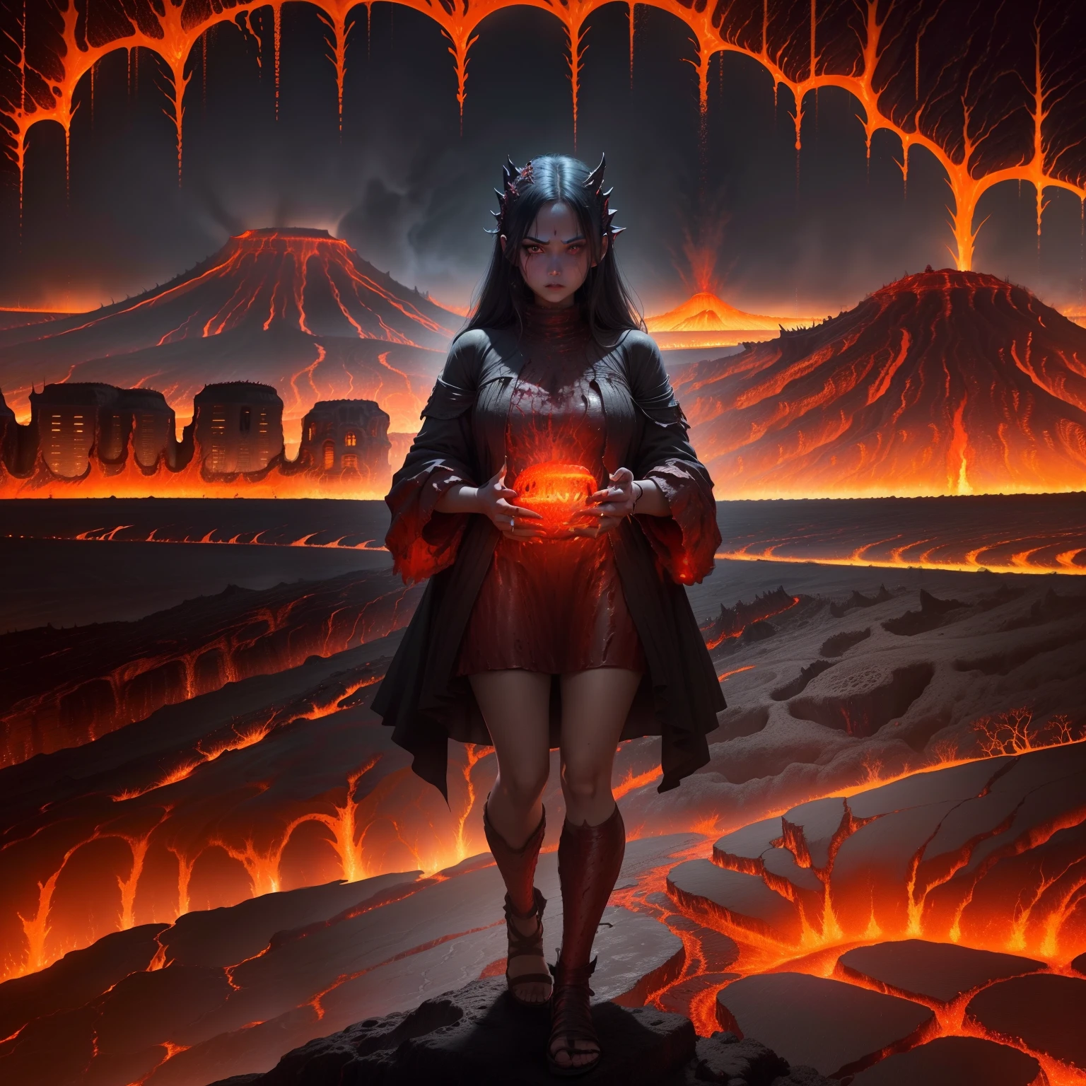 Illustration of a monster woman causing a volcanic eruption、A devil that combines creepiness and beauty、Atrocious、cruel、offensive、brutality、(ruthless look:1.5)、Her skin is the color of red lava、
(From her hands radiated the energy that caused the eruption:1.5)、(The city where the lava flowed:1.8)、Crumbling buildings、
Destroyed cities and collapsed mountains々Background、Its presence depicts fear and confusion。、Full body