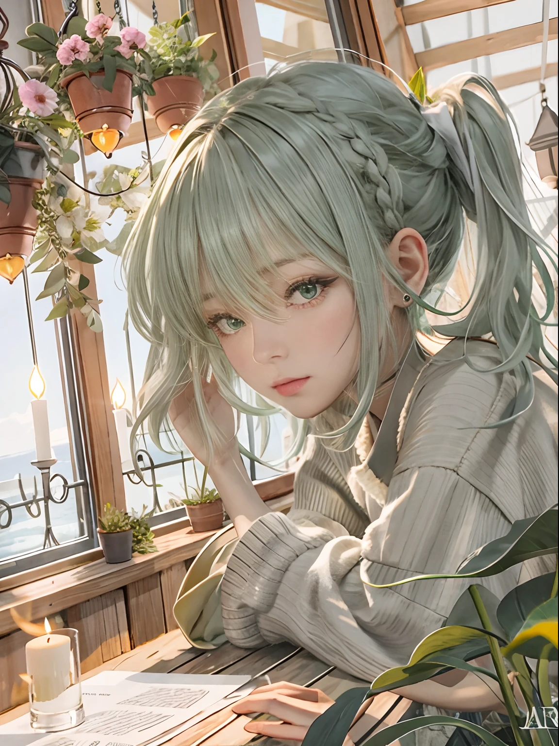 masutepiece, Best Quality,Ultra-detailed,hyperdetails, Cinematic Light,, 1girl in, Solo, sit, plein air, Summer House, Sitting in the summer house, Plants, The table, Summer Collection Award Winners 2023, chandeliers, candle, Wind, Green eyes, pan-green silver hair, Short hair, ear_fluff, Floating hair, light, Light frown, profile,Looking at Viewer, Dynamic_Angle