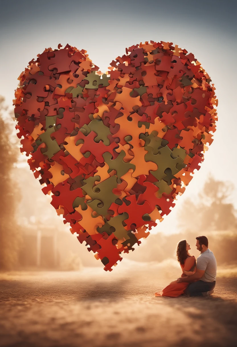 Heart formed with puzzle pieces being built by a couple (marido e mulher), arte vetorial, minimum, design simples