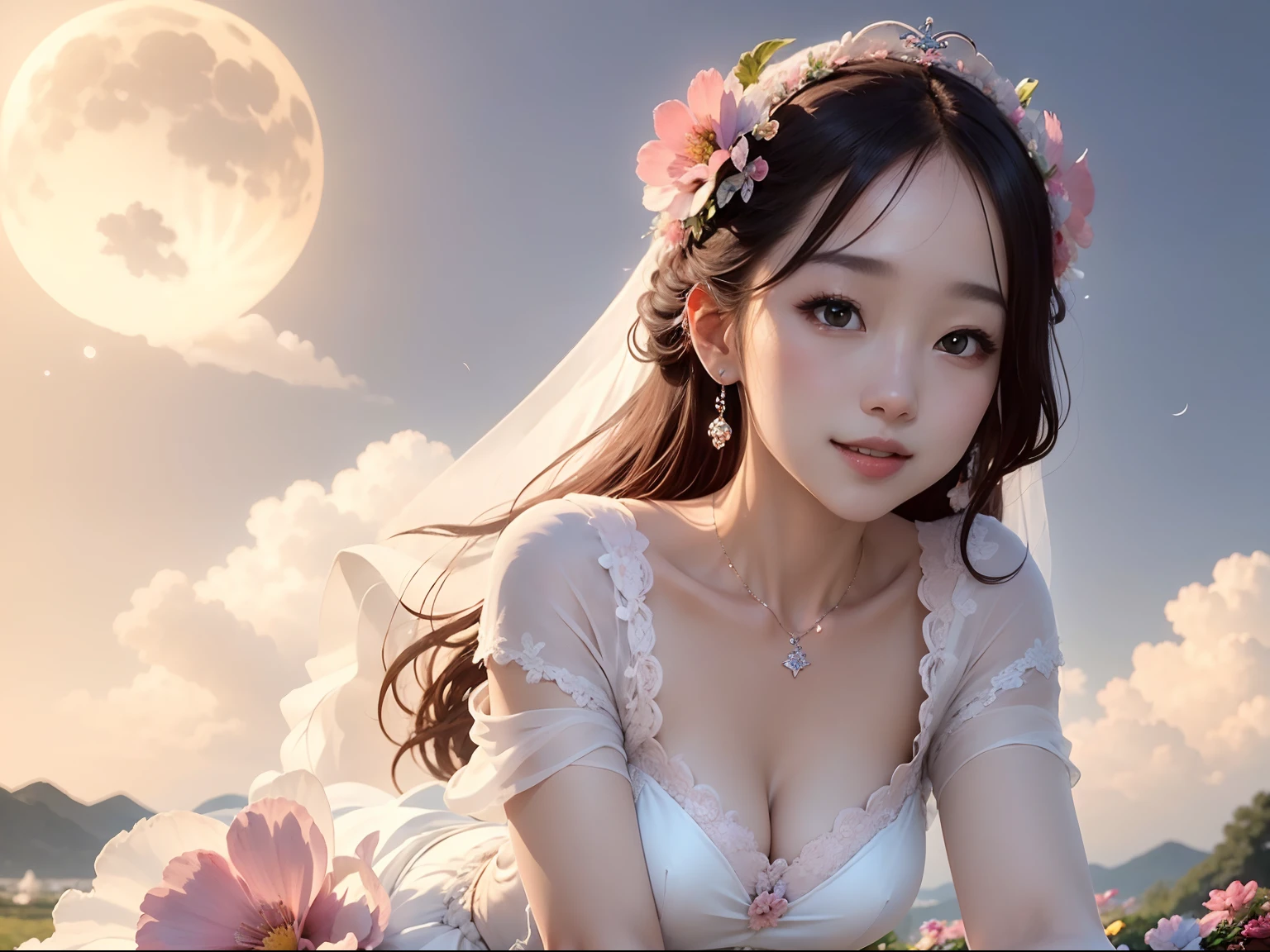 Pink cosmos flowers、blue-sky、Scaly clouds、depth of fields、(blurry backround))、masterpiece、top-quality、The ultra-detailliert、Woman in wedding dress、A smile