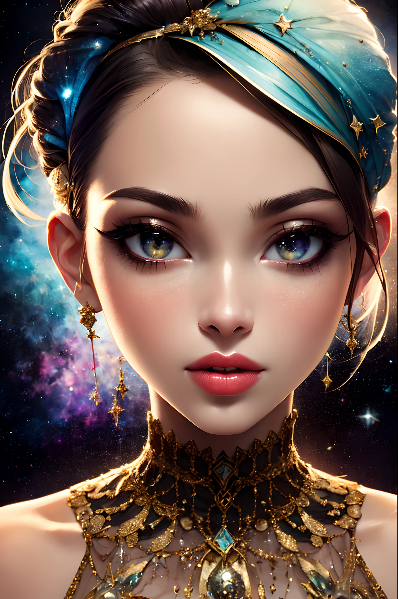Masterpiece, Best quality, Masterpiece, Godlike quality, Godlike art, Highly detailed face, full bodyesbian, Highly realistic, Cute, young girl, Big eyes, Long eyelashes, multicolored hair, Multicolored eyes, Shiny skin, full pouty lips, large lips, Shiny skin, Blushing, Magnificent view, In space, Starry background, stars, Shining light, Colorful light, maid costume