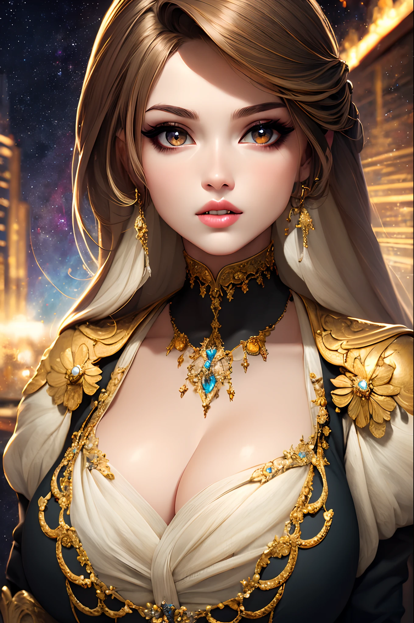 Masterpiece, Best quality, Masterpiece, Godlike quality, Godlike art, Highly detailed face, full bodyesbian, Highly realistic, Cute, young girl, Big eyes, Long eyelashes, multicolored hair, Multicolored eyes, Shiny skin, full pouty lips, large lips, Shiny skin, Blushing, Magnificent view, In space, Starry background, stars, Shining light, Colorful light, maid costume