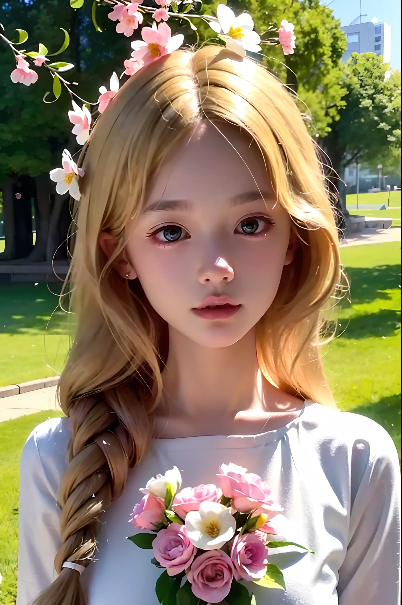 1girll，Wavy blonde hair，long whitr hair，bluntbangs，Green eyes，Pink dress，Fine eyes and detailed face，Extremely detailed Cg Unity 8K wallpaper，intricately details，Break，Kaleidoscopic image、Symmetrical pattern、vivd colour、geometric shapes、flattering design、optical illusions、Dynamic composition break、The art of pantomime、Expressive body language、Silent storytelling、Evocative gestures、Visual storytelling、Theatrical performances break free、flowers in full bloom、Colorful petals、Fragrant smell、Nature's gift，Vibrant garden，peaceful scenery