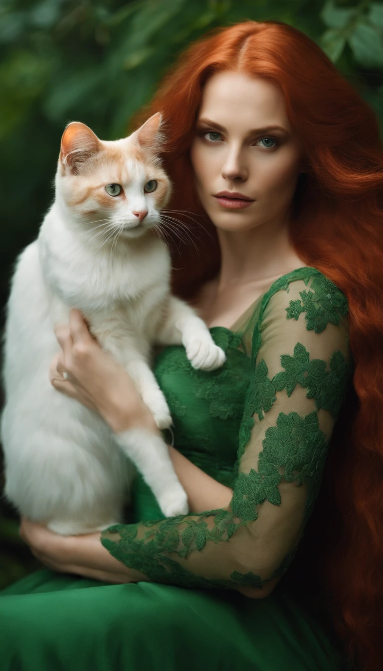 woman with long red hair in a green dress, with a white cat in her arms