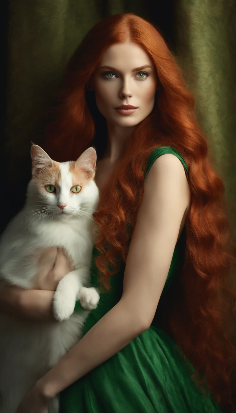 woman with long red hair in a green dress, with a white cat in her arms