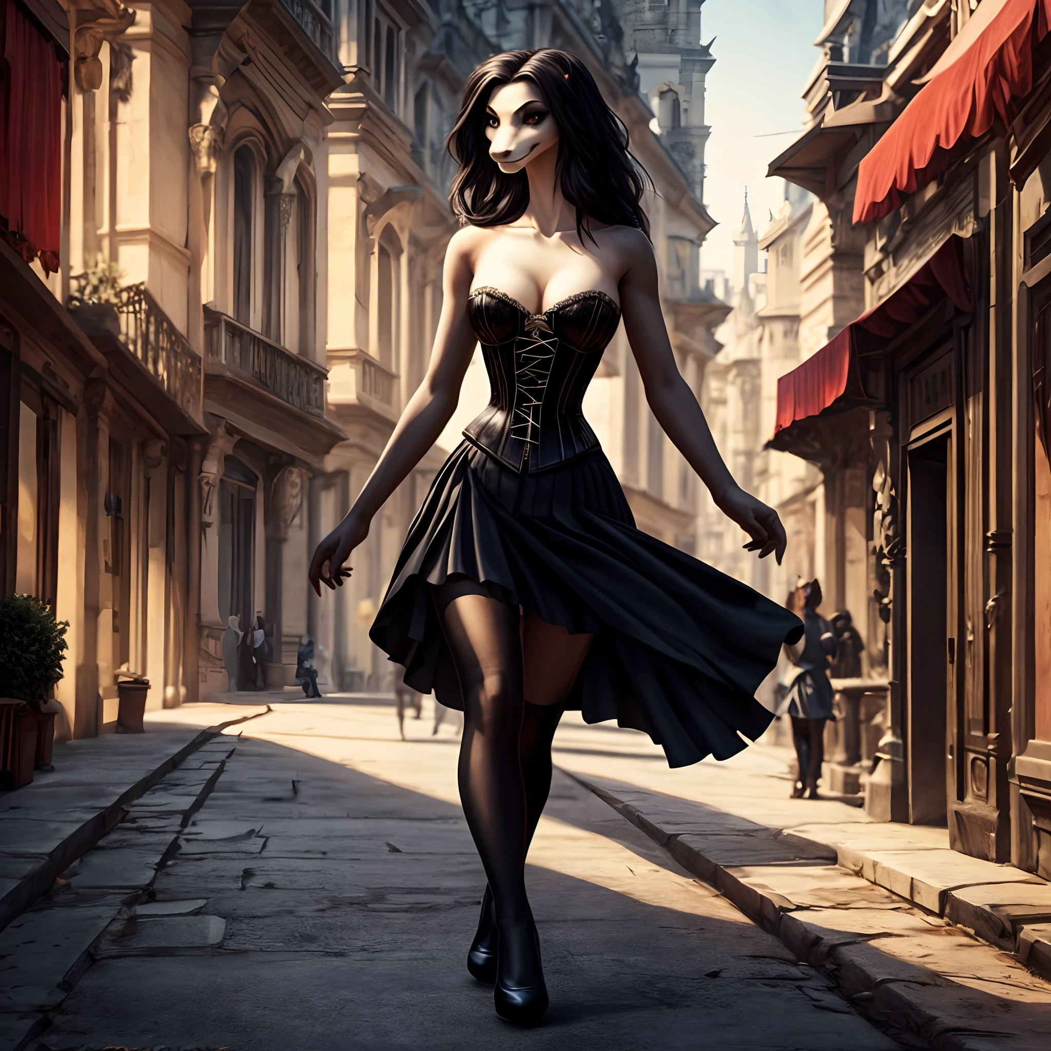 Anthro snake, female, slim body, large and shapely chest,long and slender legs,elegant long neck, black hair, eyeliner, corset, walking, skirt, gothic clothes