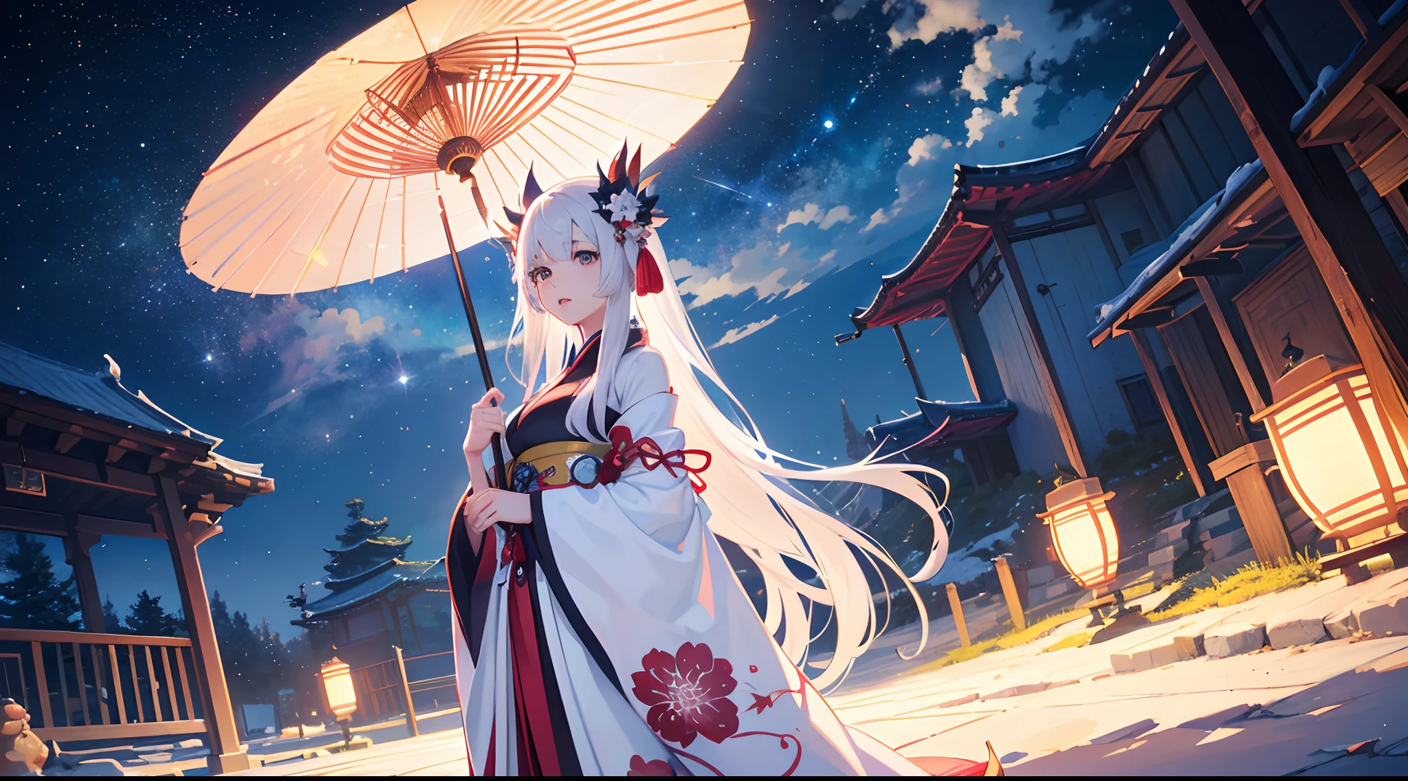 (Kimono girl with a fan, Palace, A girl in Hanfu, Onmyoji detailed works, Soft anime illustration, Popular on ArtStation and Pixiv, onmyoji, Clean and complex anime art, White-haired deity, Digital art on Pixiv, Cute anime fat girl in beautiful clothes, Portrait of Onmyoji, komono)，(Best quality, 4K, 8K, A high resolution, Masterpiece:1.2), Ultra-detailed, (Realistic, Photorealistic, photo-realistic:1.37), hdr, hyper HD, Studio lighting, Ultra-fine painting, Sharp focus, Physically-based rendering, Extreme detail description, professional, Vivid colors, Bokeh, sportrait, anime big breast, Vibrant colors, Soft lighting(Best quality,4K,8K,A high resolution,Masterpiece:1.2),Ultra-detailed,(Realistic,Photorealistic,photo-realistic:1.37),Anime girl standing in bamboo forest in white dress, Pifi Race Champion, Starlight Fairy, aquatic creature, lunar goddess, From Arknights, ethereal anime, Digital art on Piffey, Created by Yuumei, astral ethereal, Beautiful Sky Witch, Pifi, nightcore, Fantasy anime illustration, lunar goddess, [[fantasy]], Piffey style