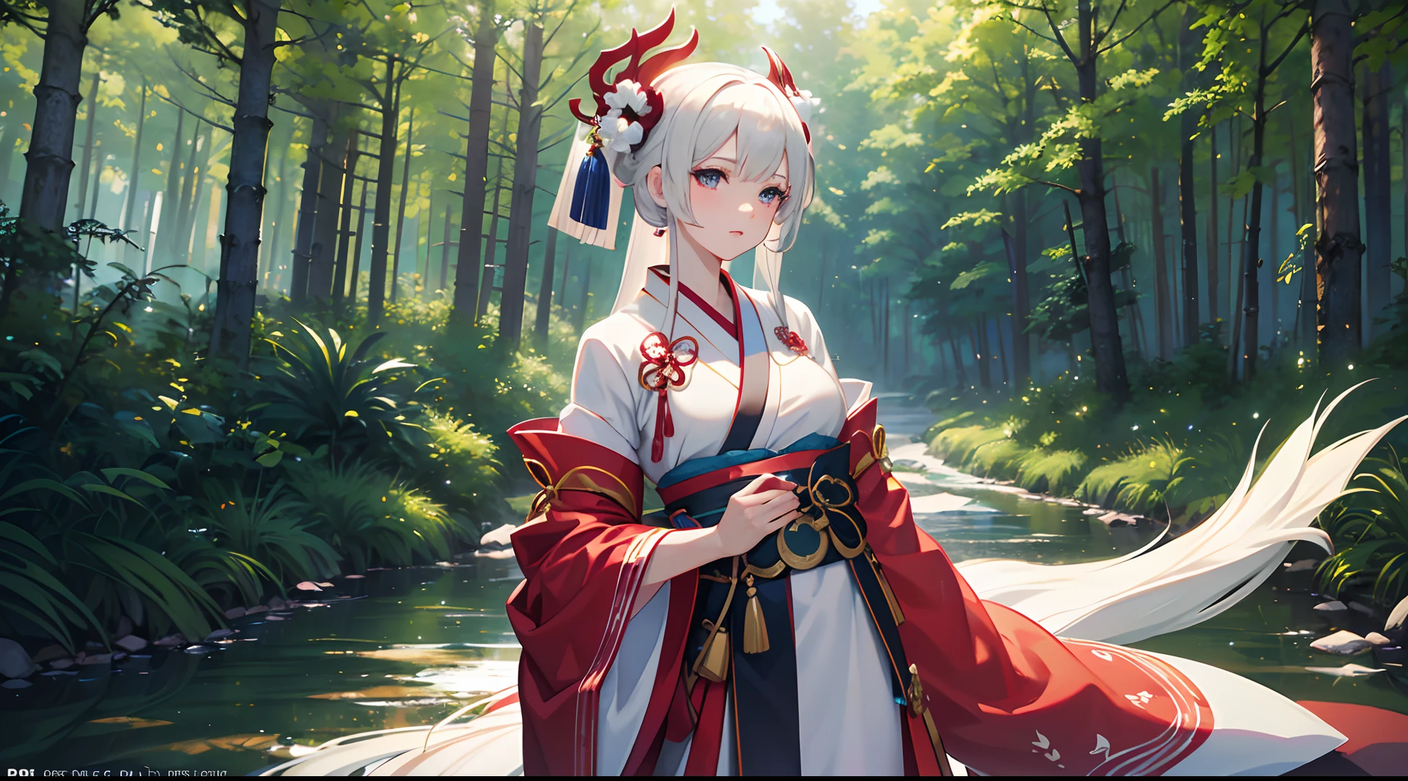 (Kimono girl with a fan, Palace, A girl in Hanfu, Onmyoji detailed works, Soft anime illustration, Popular on ArtStation and Pixiv, onmyoji, Clean and complex anime art, White-haired deity, Digital art on Pixiv, Cute anime fat girl in beautiful clothes, Portrait of Onmyoji, komono)，(Best quality, 4K, 8K, A high resolution, Masterpiece:1.2), Ultra-detailed, (Realistic, Photorealistic, photo-realistic:1.37), hdr, hyper HD, Studio lighting, Ultra-fine painting, Sharp focus, Physically-based rendering, Extreme detail description, professional, Vivid colors, Bokeh, sportrait, anime big breast, Vibrant colors, Soft lighting(Best quality,4K,8K,A high resolution,Masterpiece:1.2),Ultra-detailed,(Realistic,Photorealistic,photo-realistic:1.37),Anime girl standing in bamboo forest in white dress, Pifi Race Champion, Starlight Fairy, aquatic creature, lunar goddess, From Arknights, ethereal anime, Digital art on Piffey, Created by Yuumei, astral ethereal, Beautiful Sky Witch, Pifi, nightcore, Fantasy anime illustration, lunar goddess, [[fantasy]], Piffey style