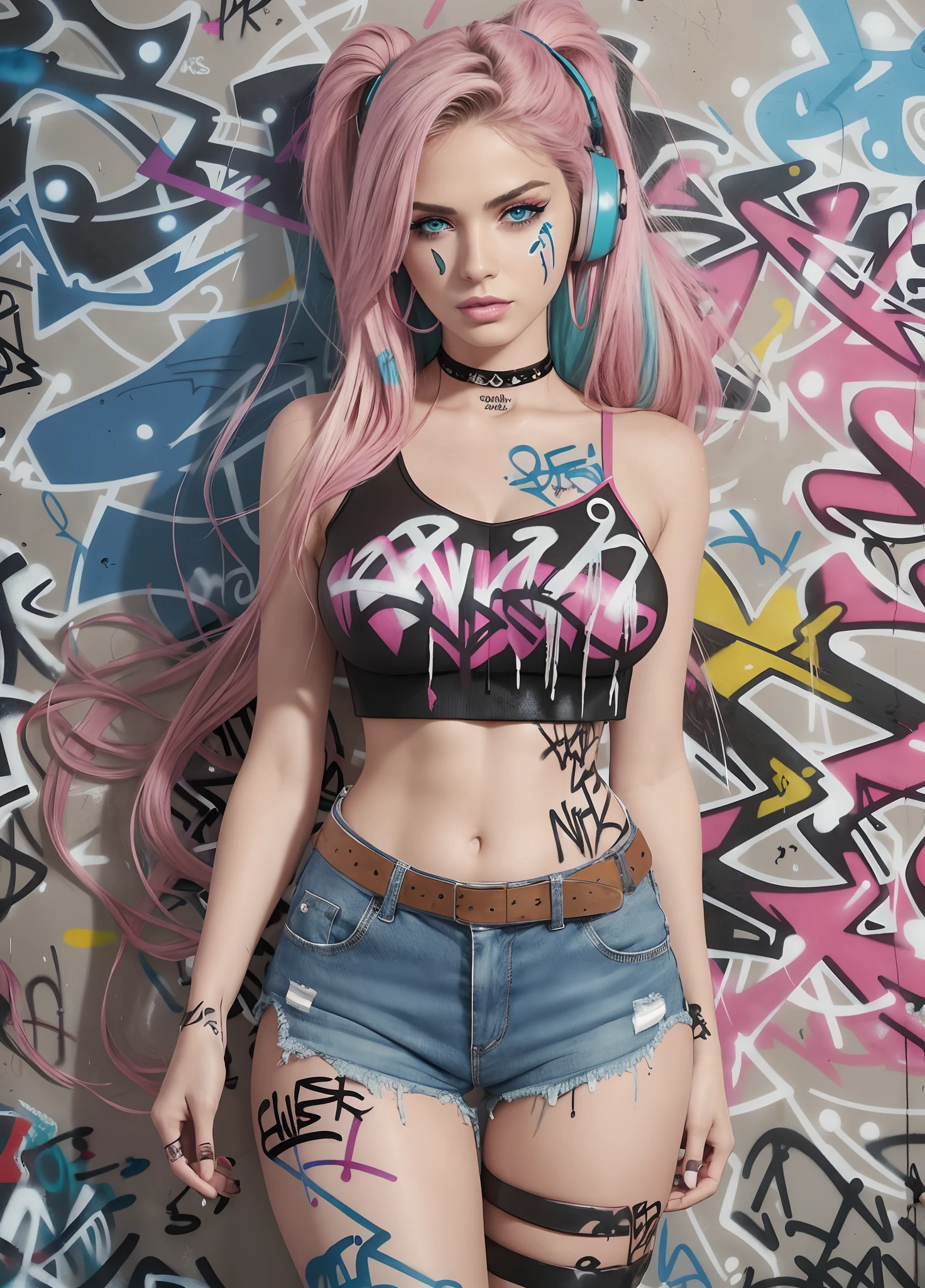 masterpiece, best quality, 25 years old beautiful woman, long hair, (mature face:1.4), black eyeliner, make-up, 1woman, solo, crop top, denim shorts, choker, (graffiti:1.5), paint splatter, arms behind back, against wall, looking at viewer, armband, thigh strap, paint on body, head tilt, bored, multicolored hair (pink, blue), aqua eyes, headset