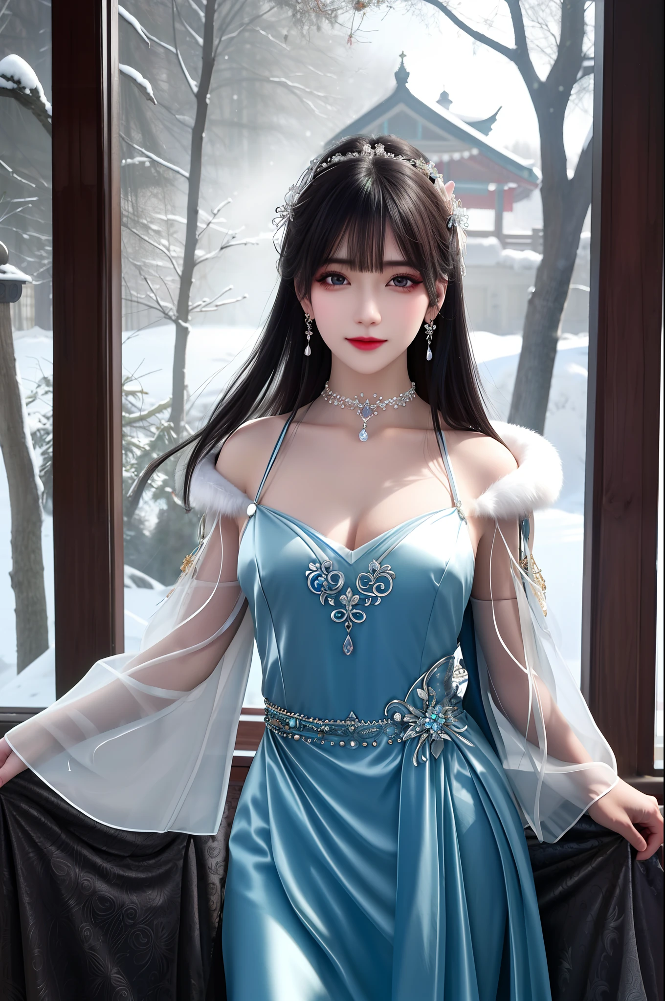 best qualityer,8K, tmasterpiece, A high resolution, 1girll, Clear silk porcelain dress, Fur coat, hair adornments, ssmile, Keep one's mouth shut, cparted lips,Large breasts,Shoulder, shift dresses, hair adornments, choker necklace, jewely, Chinese outfit, long whitr hair, 耳Nipple Ring, Detailed beautiful eyes, detailed eyelashes, beautiful face,after sexing_Body, Tyndall effect,realisticlying, edge lit, twotonelighting,(highdetailskin:1.2), 8K, Ultra HD, digital SLR camera, gentle illumination, high high quality, Volumetriclighting, Frankness, photore, A high resolution, Bokeh, at a forest, Falling snow, Winters, in the afternoon
