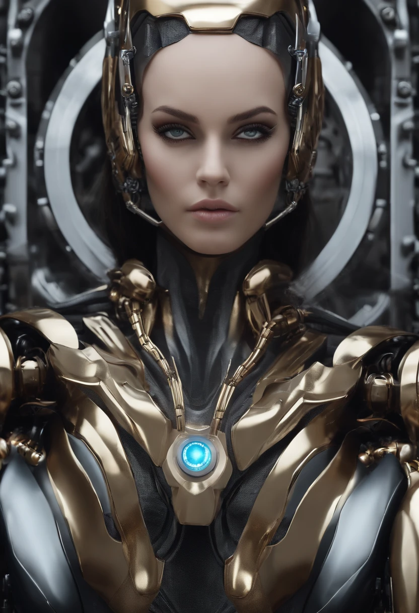 best quality, High detail, 4k, humano, robot girl, rosto do androide(metal), steel & Titanium leather, robotic face(with human features), cybernetic eyes(Hard eye circle, Pupila de olho claro), 1girl, formal, perfect hands(5 dedos), peruca(Cabelo falso), seios grandes, bionic armor, Comprimento total, corpo inteiro, Corpo Obra-Prima,